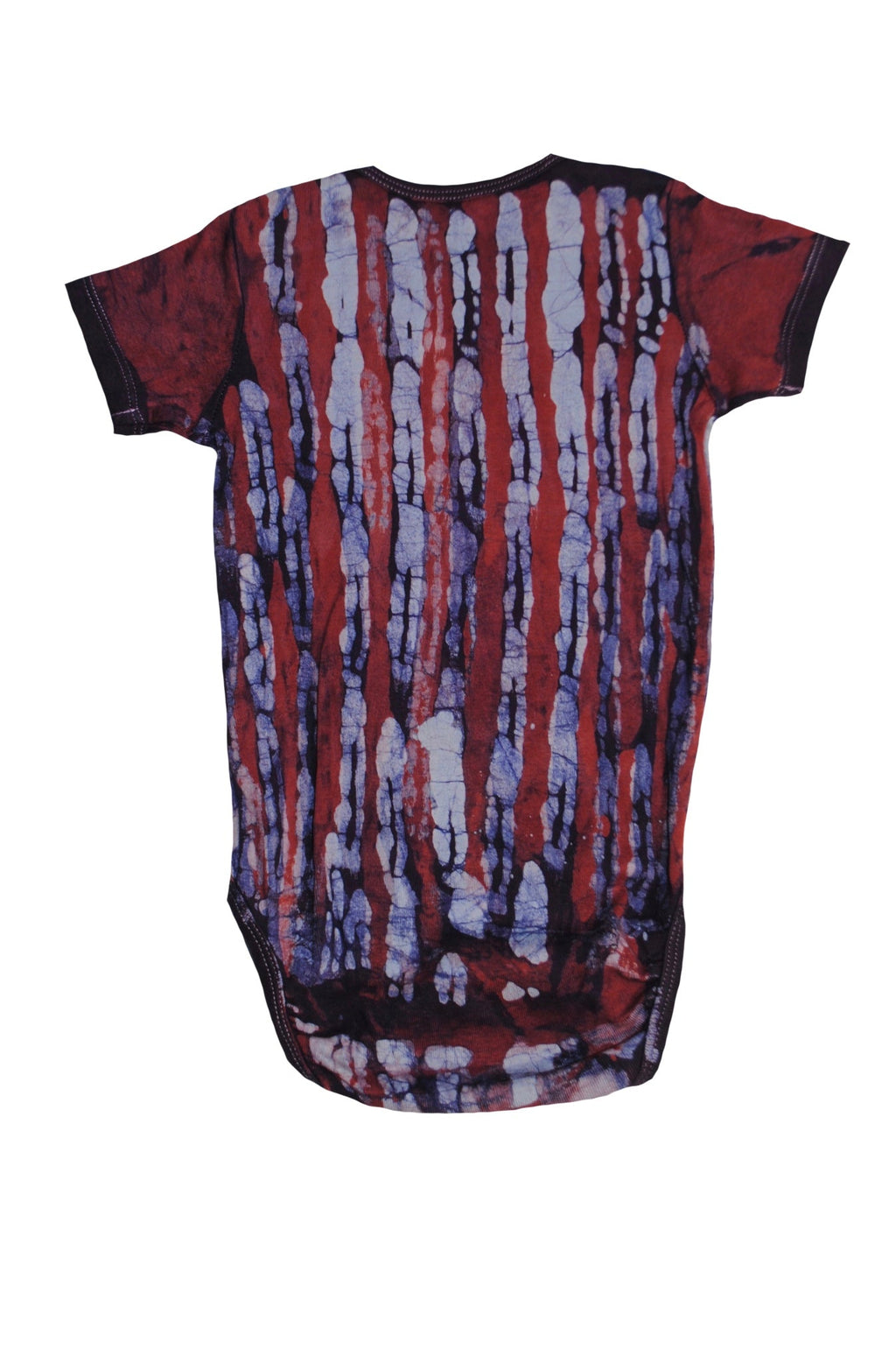 Detail of traditional batik tie-dye on red blue monkey onesie back