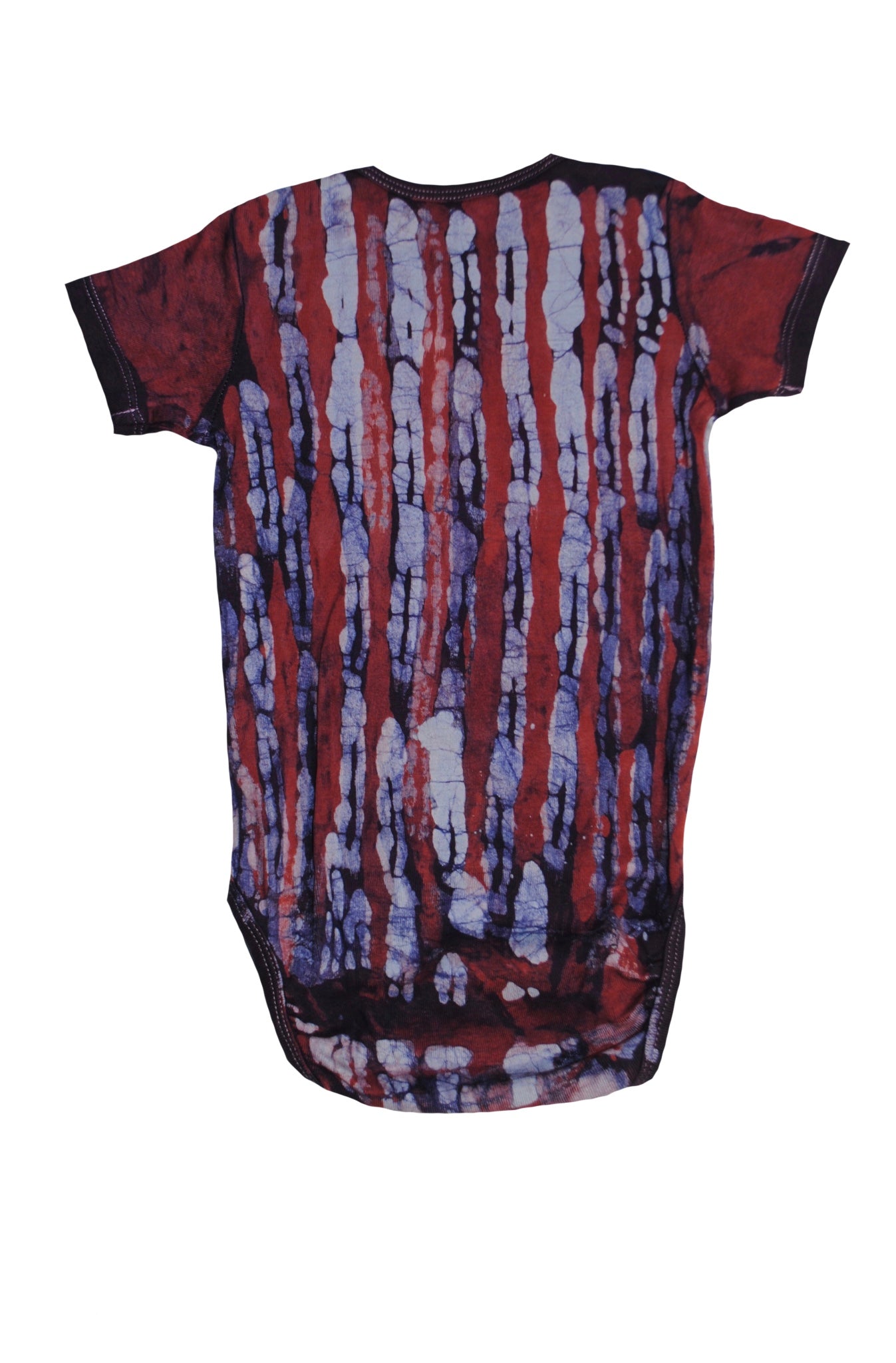 Detail of traditional batik tie-dye on red blue monkey onesie back