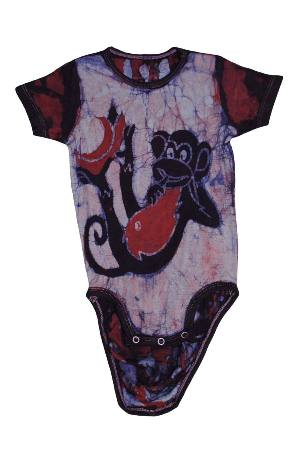 Handmade red and blue batik baby onesie with monkey design