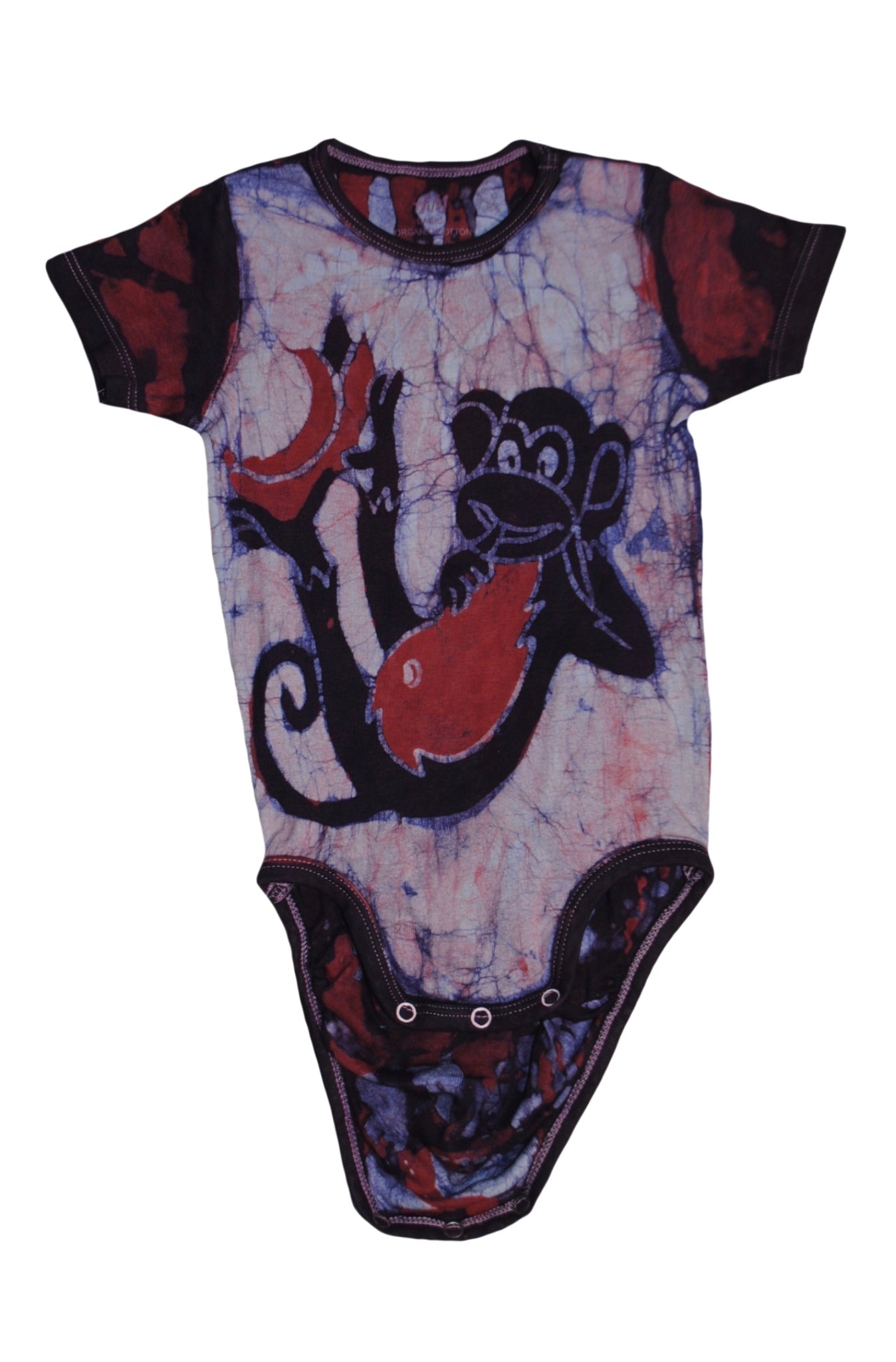 Handmade red and blue batik baby onesie with monkey design