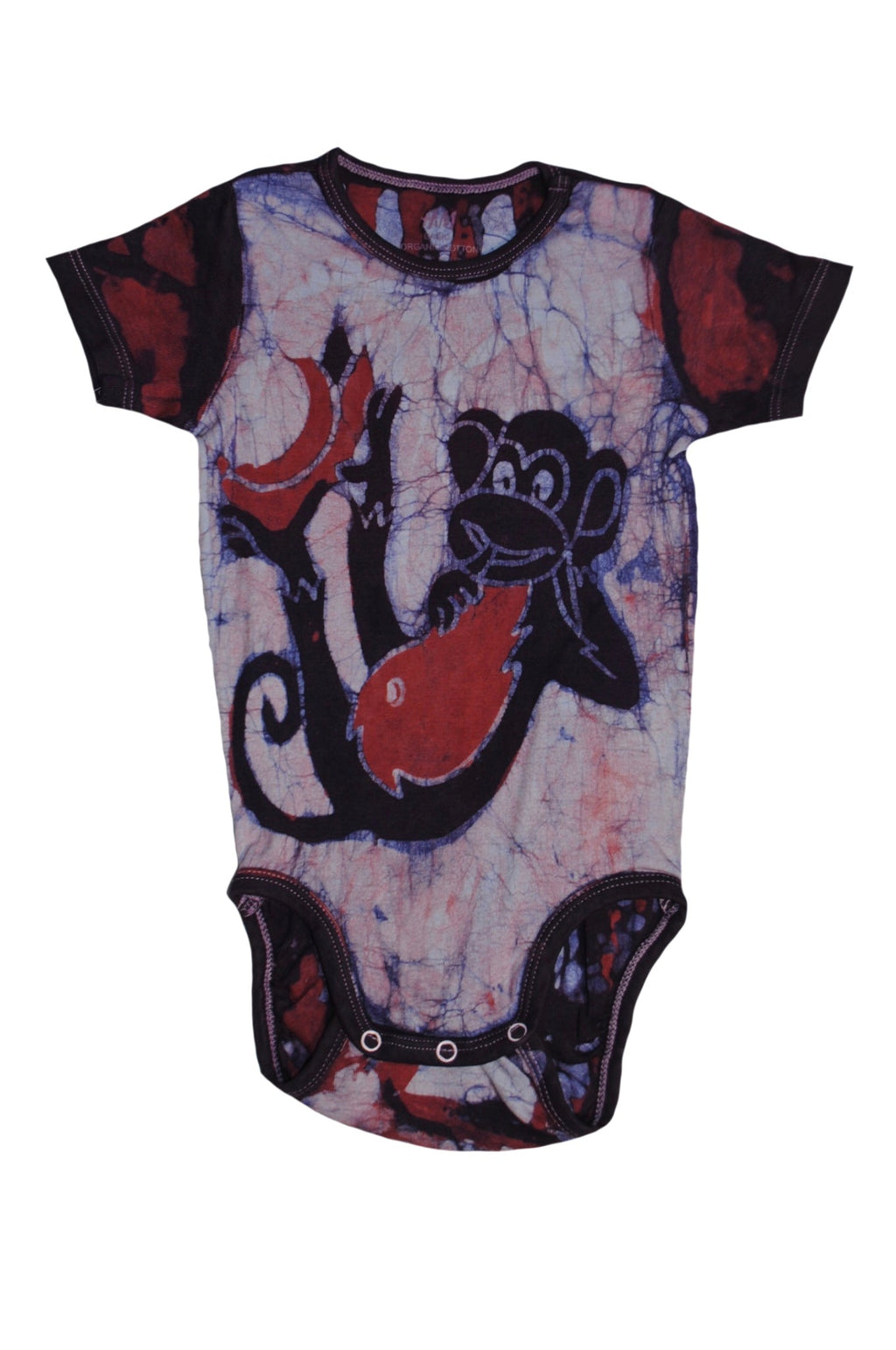 Back view of red blue monkey batik onesie with African patterns
