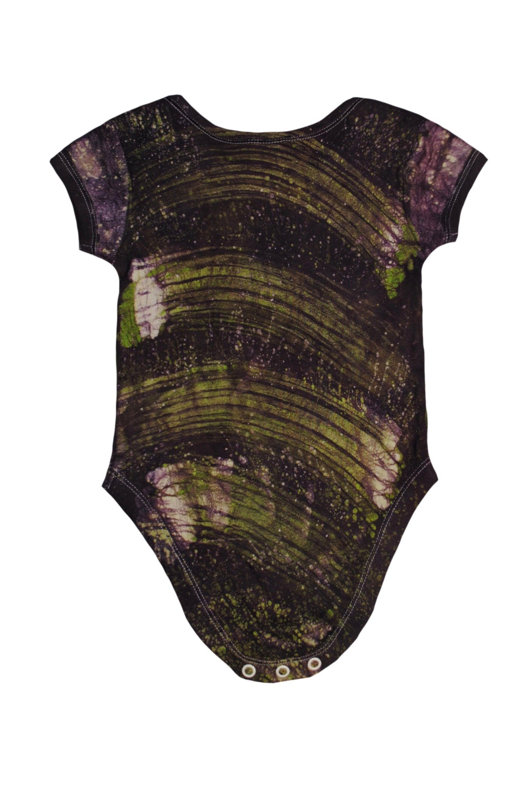 Close-up of green elephant onesie showing batik patterns