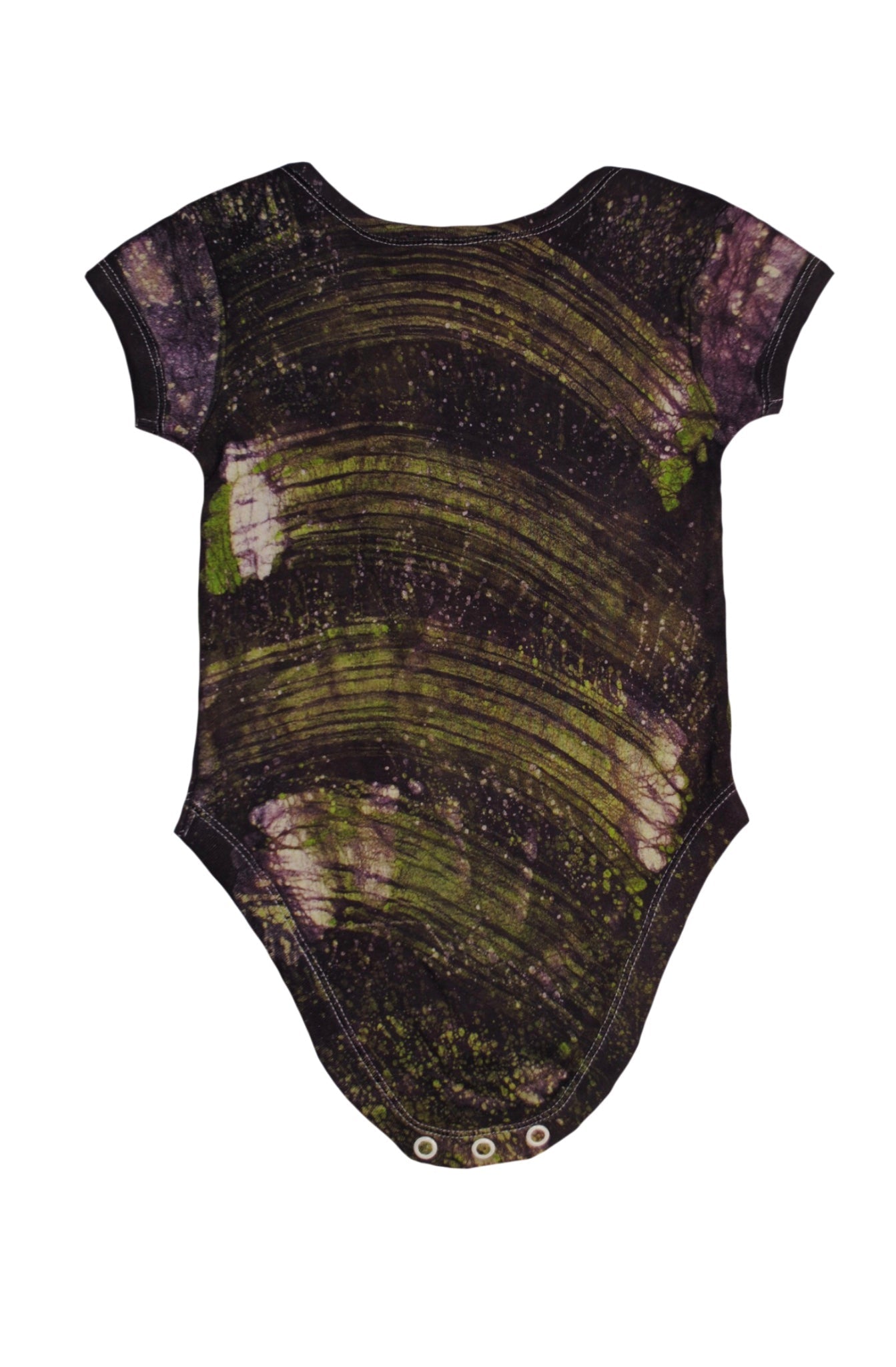 Close-up of green elephant onesie showing batik patterns