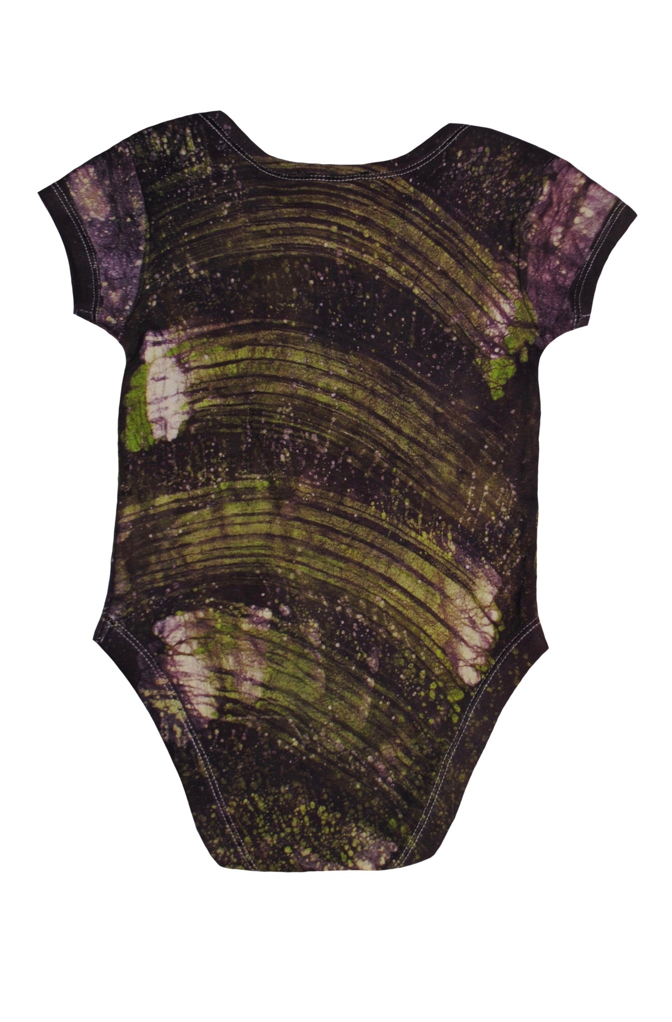 Detail of hand-dyed batik on green elephant onesie back