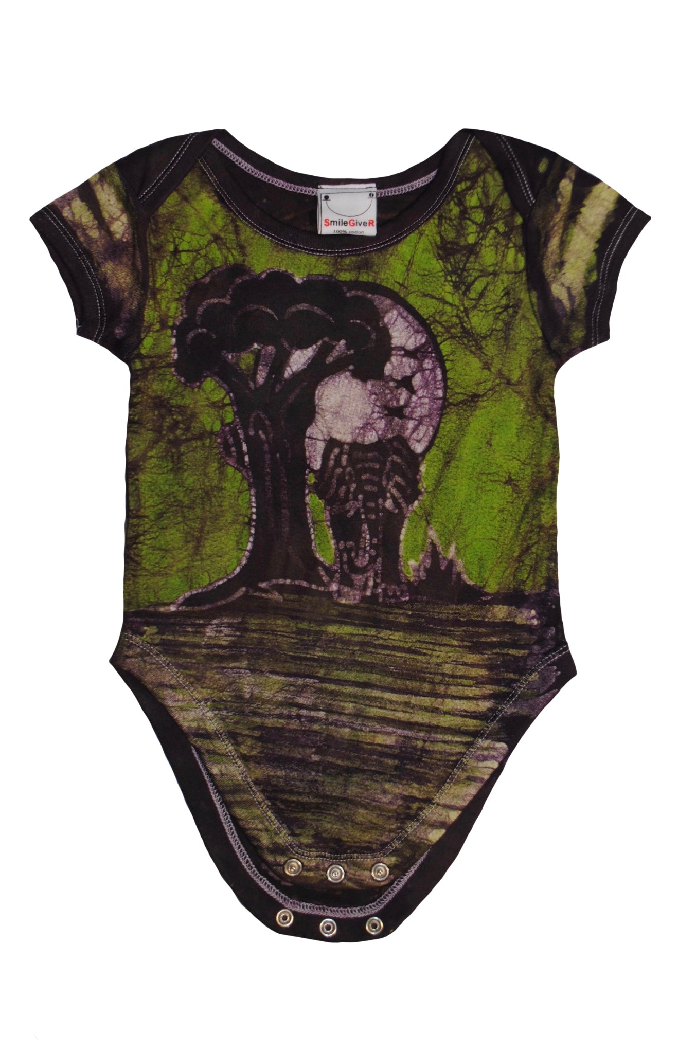 Handmade green batik baby onesie with elephant design