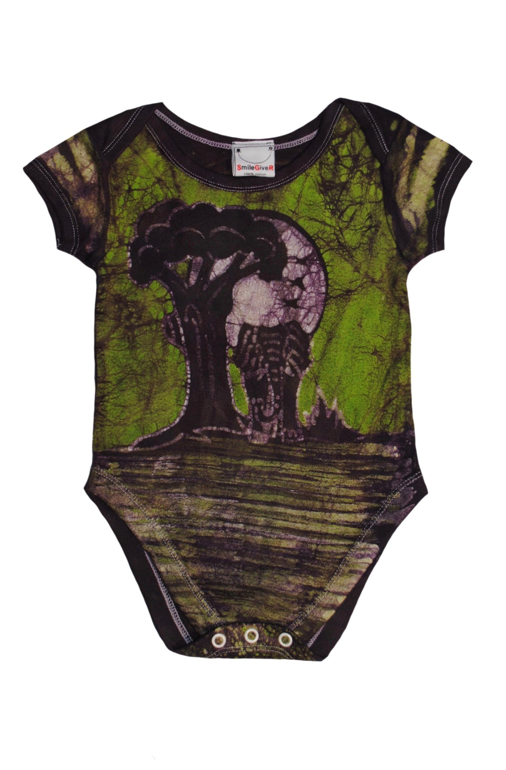 Back view of green elephant batik onesie with traditional patterns