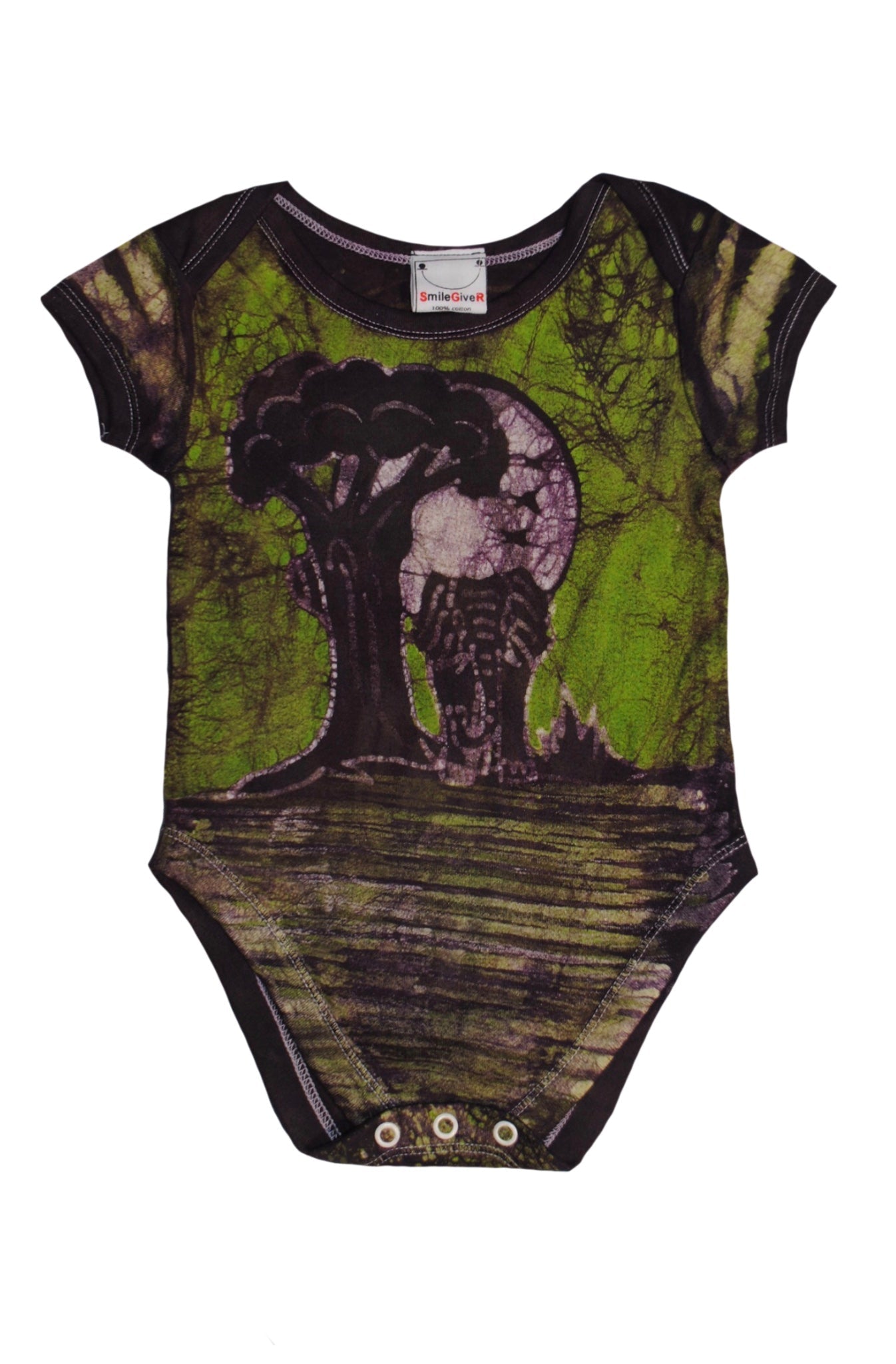 Back view of green elephant batik onesie with traditional patterns
