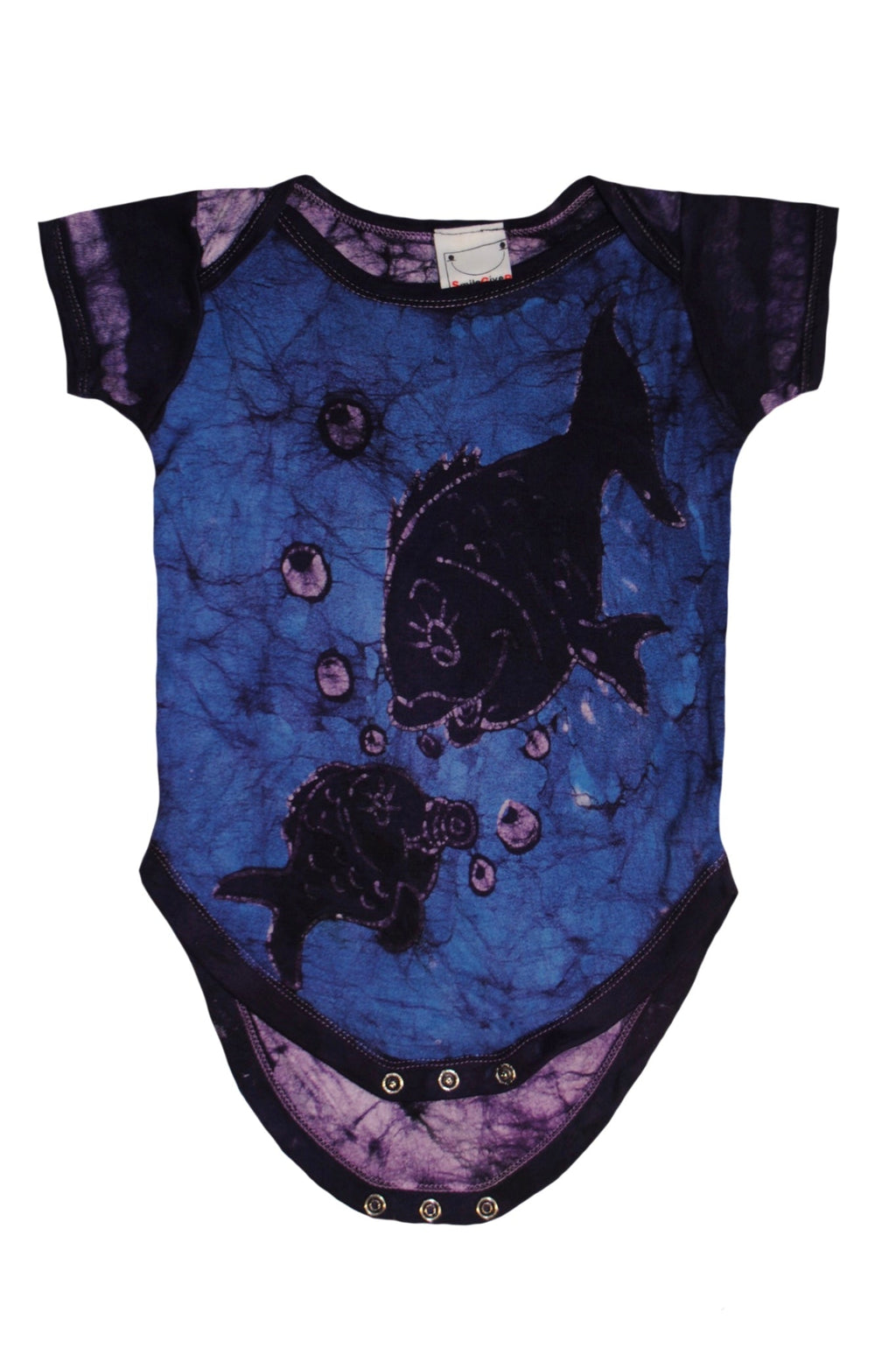 Handmade blue batik baby onesie with fish design