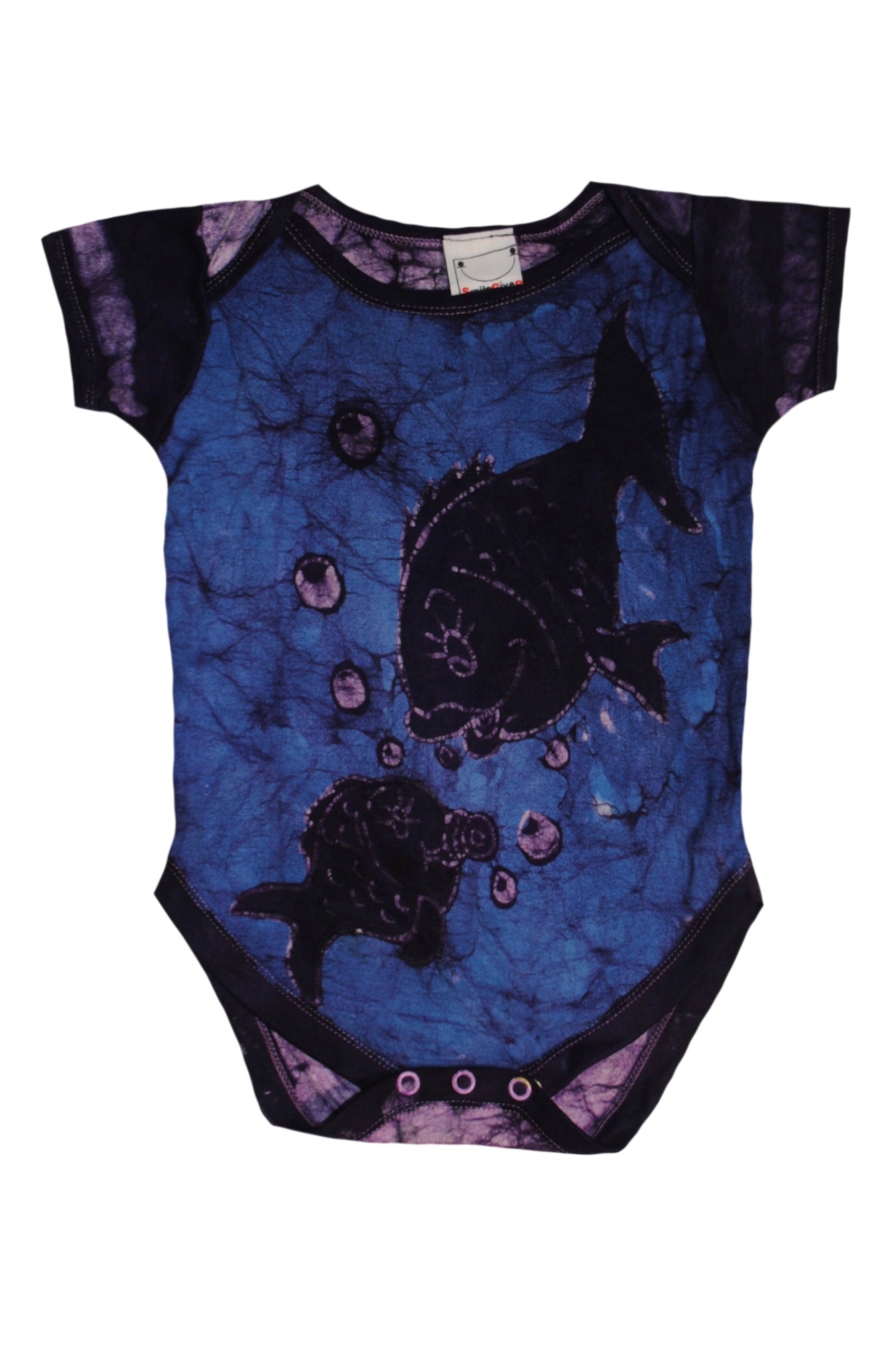 Back view of blue fish batik onesie with traditional patterns