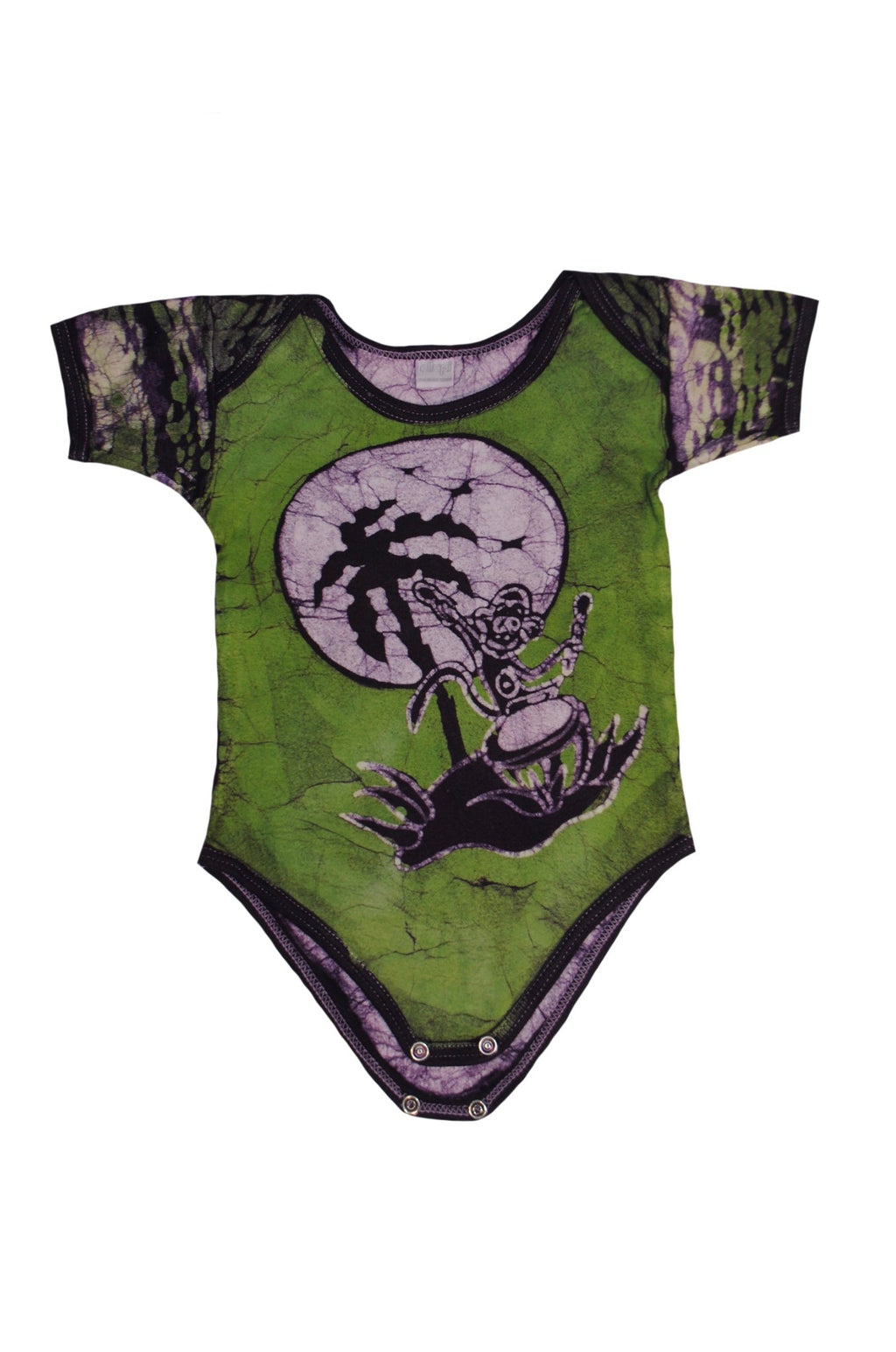 Handmade green batik baby onesie with monkey face design
