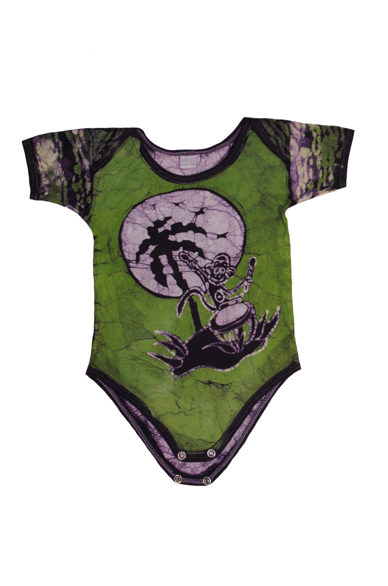 Handmade green batik baby onesie with monkey face design