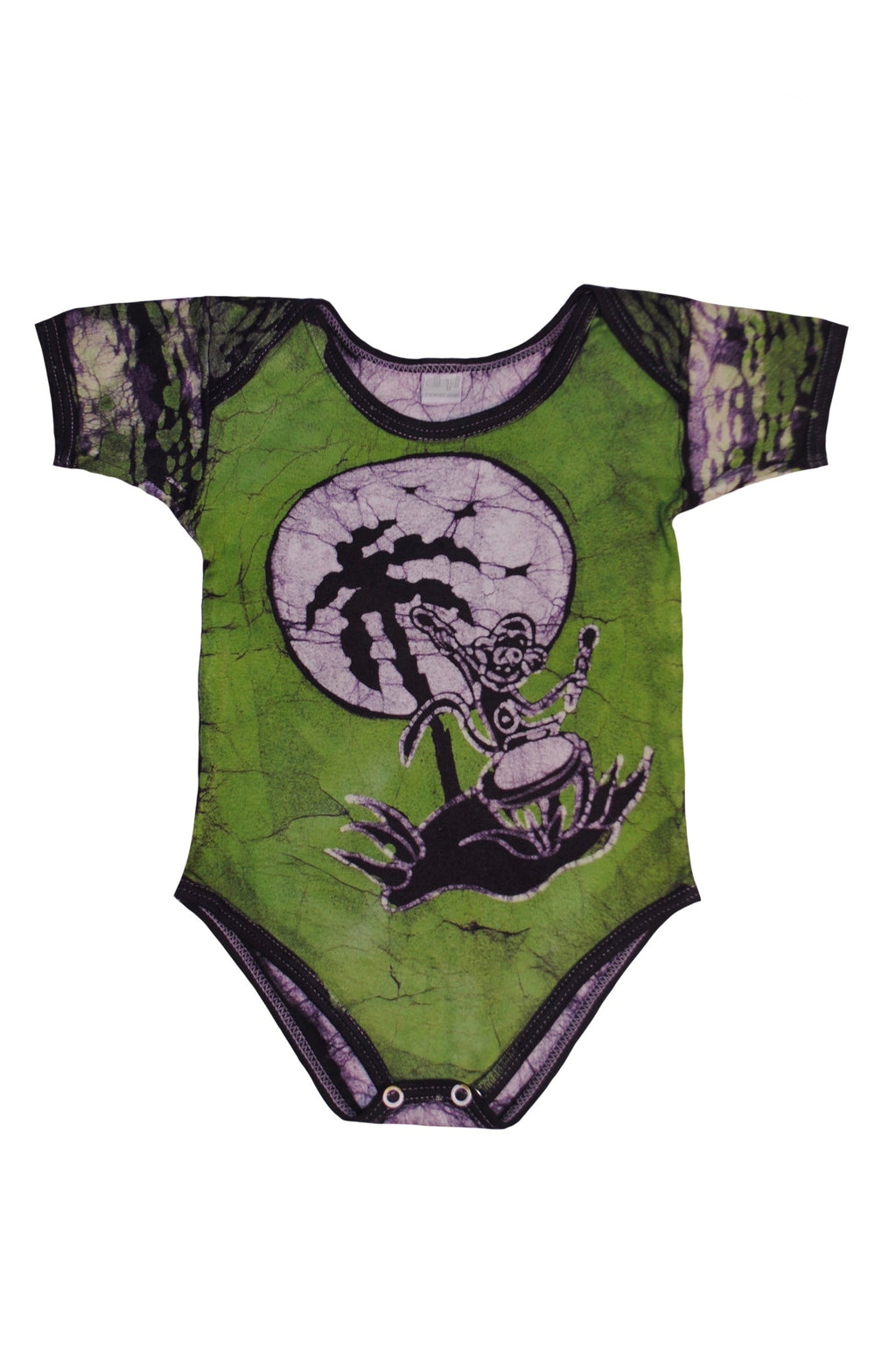Back view of green monkey batik onesie with hand-dyed patterns