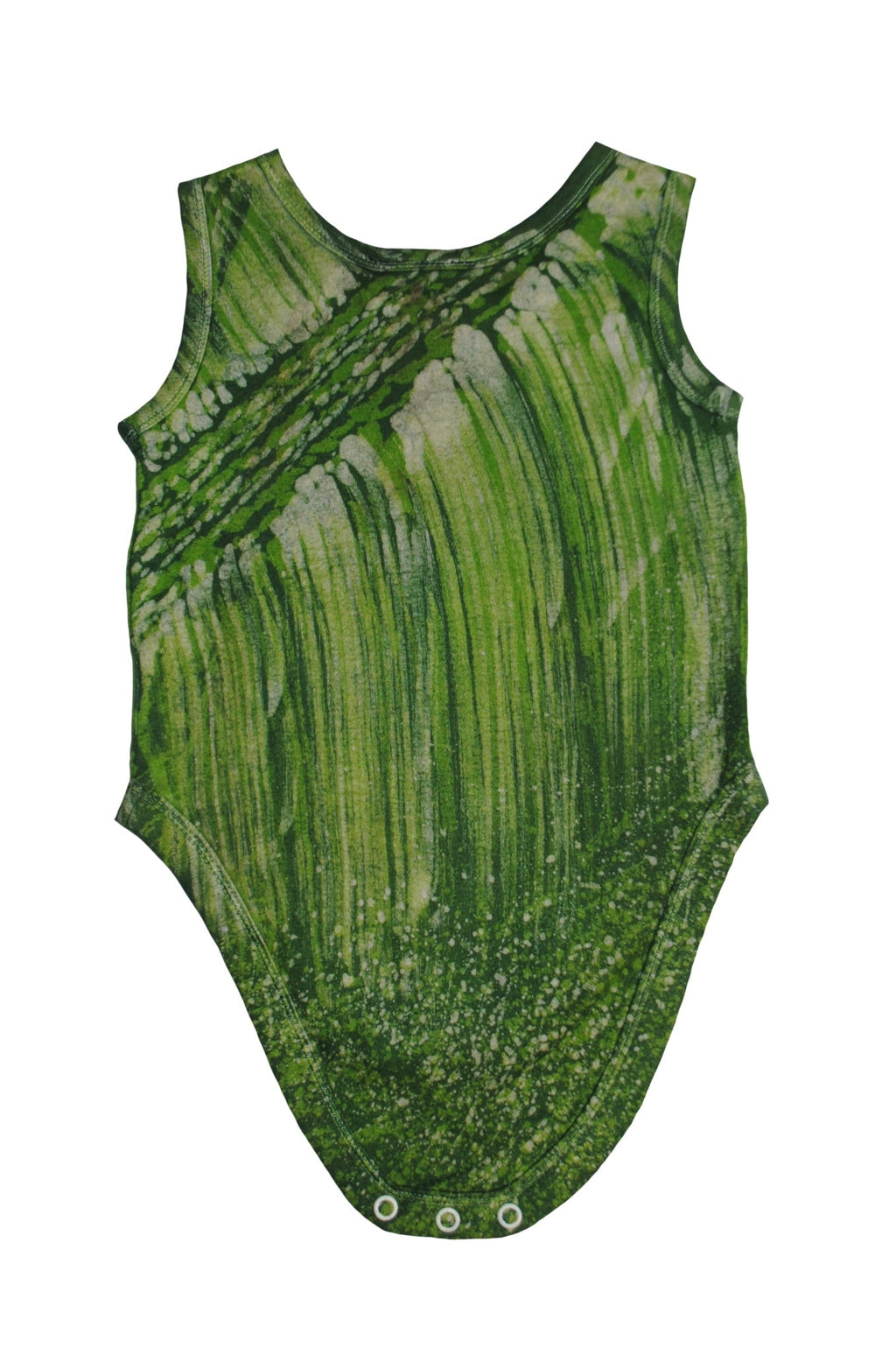 Close-up of green lion onesie showing batik patterns and snap closures