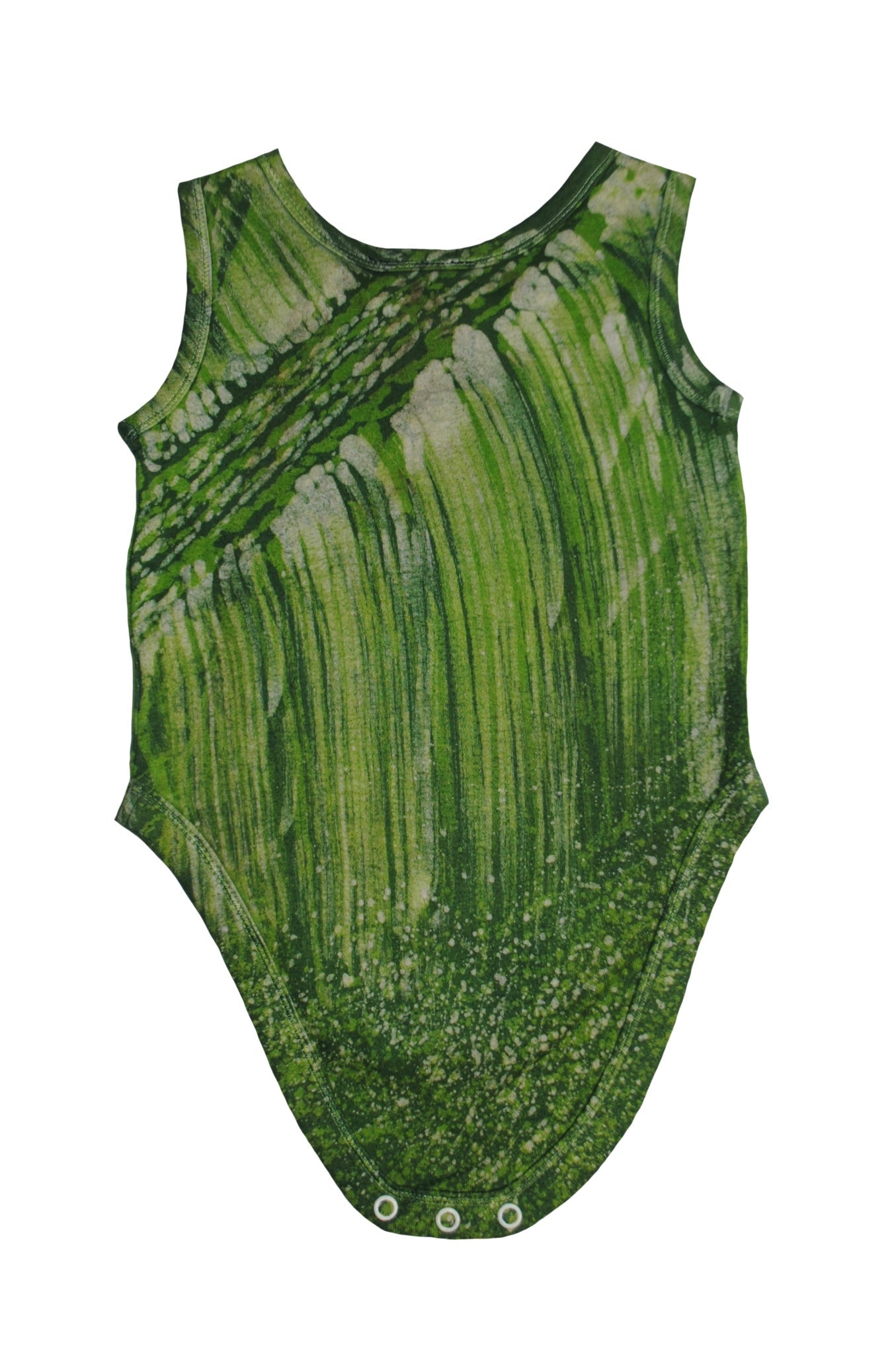 Close-up of green lion onesie showing batik patterns and snap closures