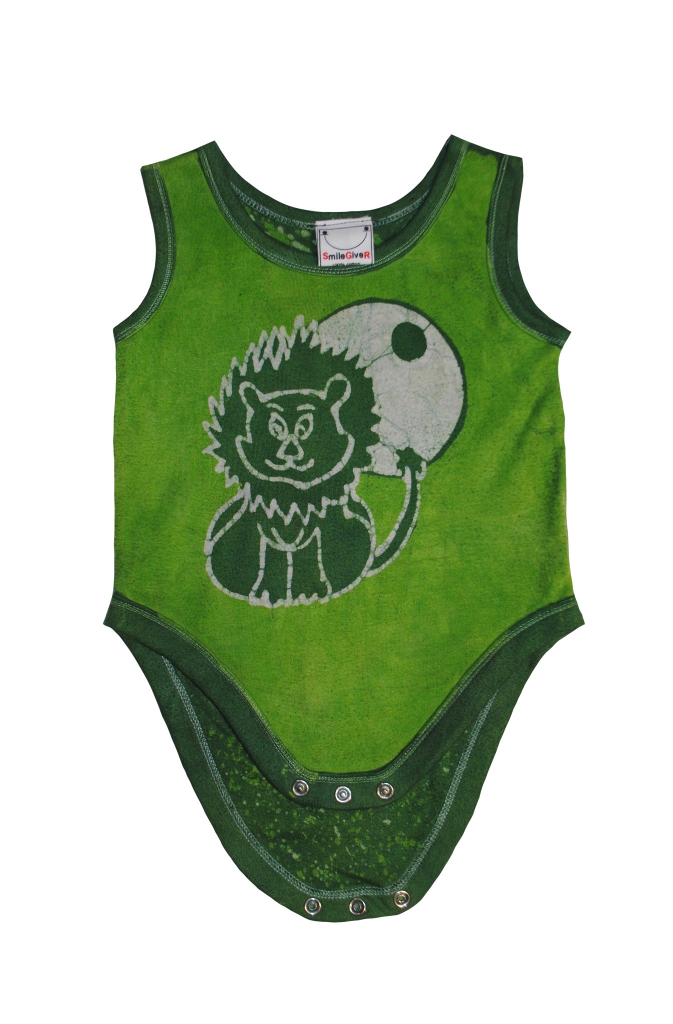 Handmade green batik baby onesie with lion face design