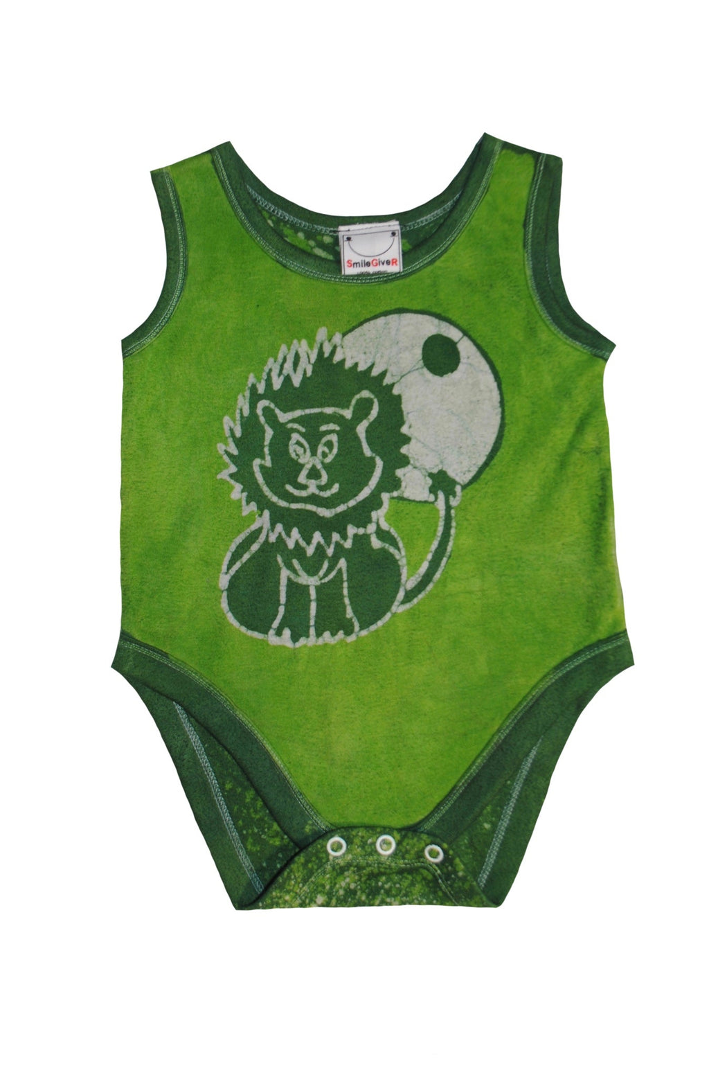 Back view of green lion batik onesie with hand-dyed patterns