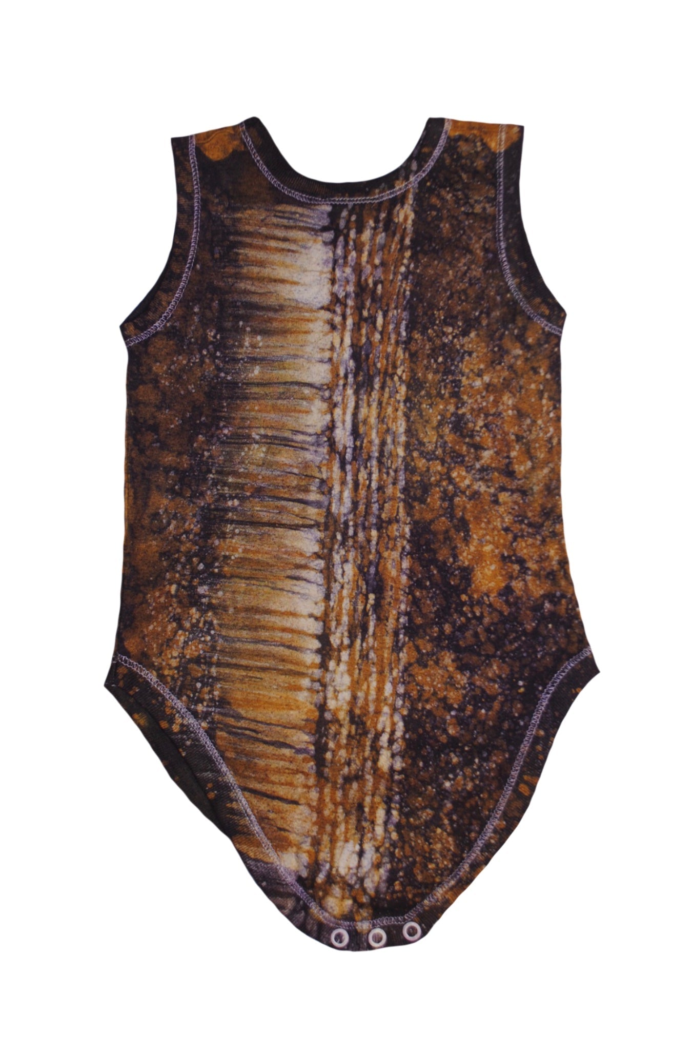 Close-up of orange panda onesie showing batik patterns