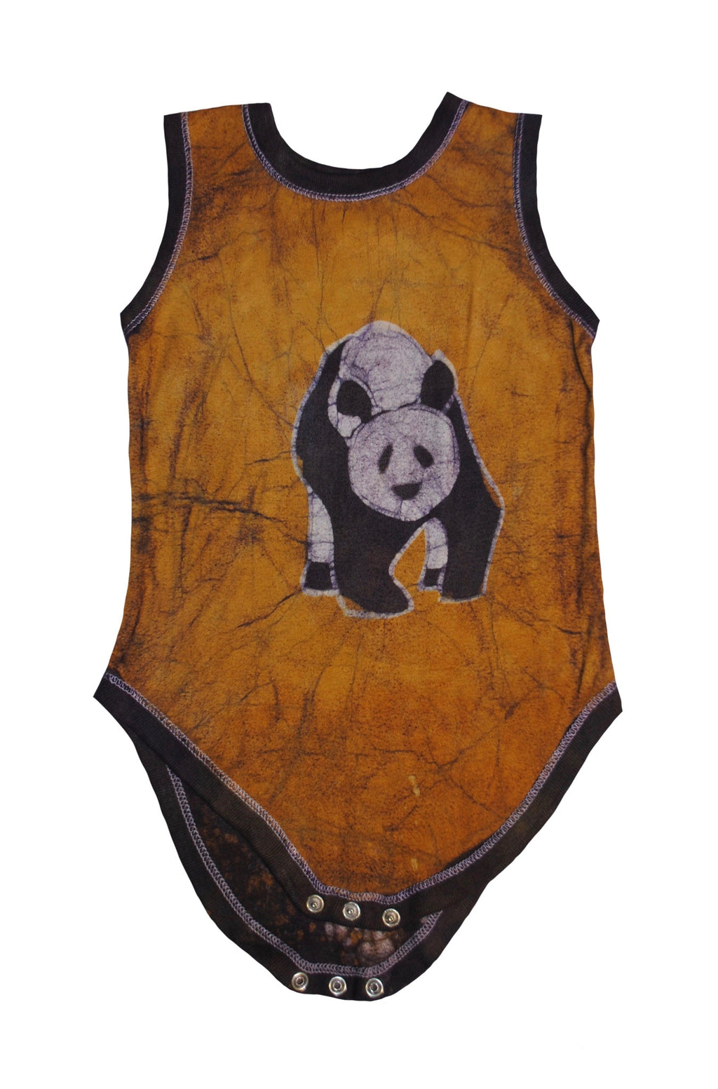 Handmade orange batik baby onesie with panda face design