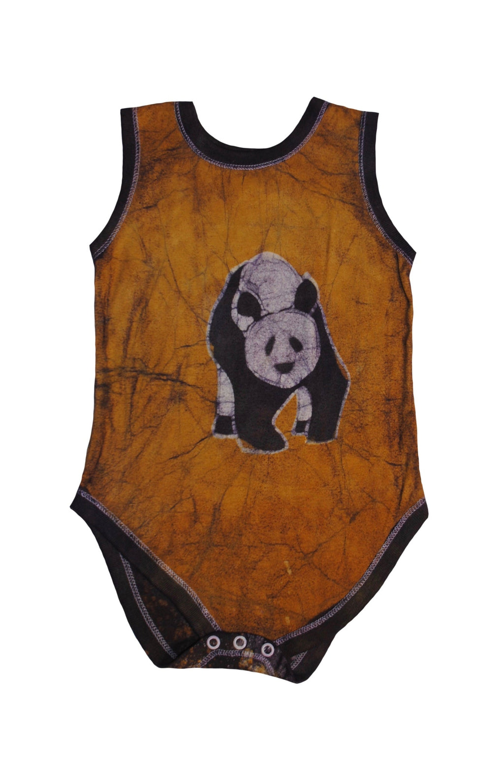 Back view of orange panda batik onesie with traditional patterns