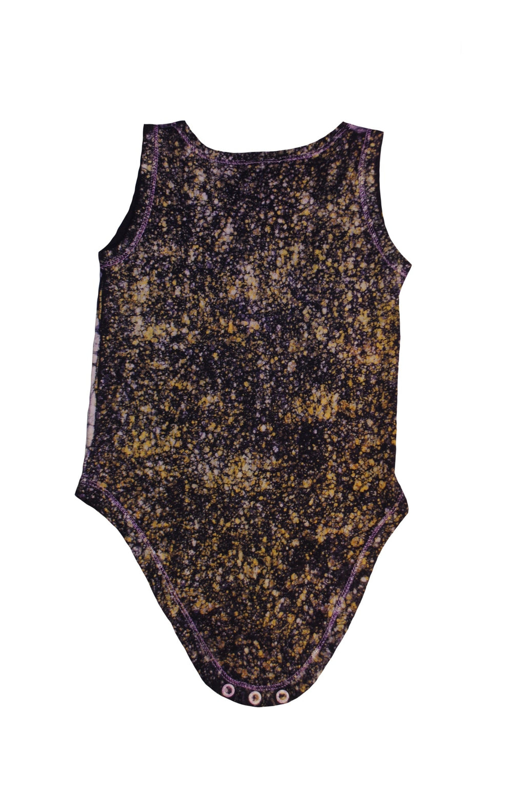 Close-up of purple panda onesie showing batik details and snap closures