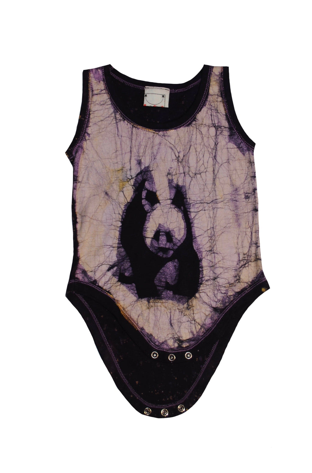 Handmade purple batik baby onesie with panda face design