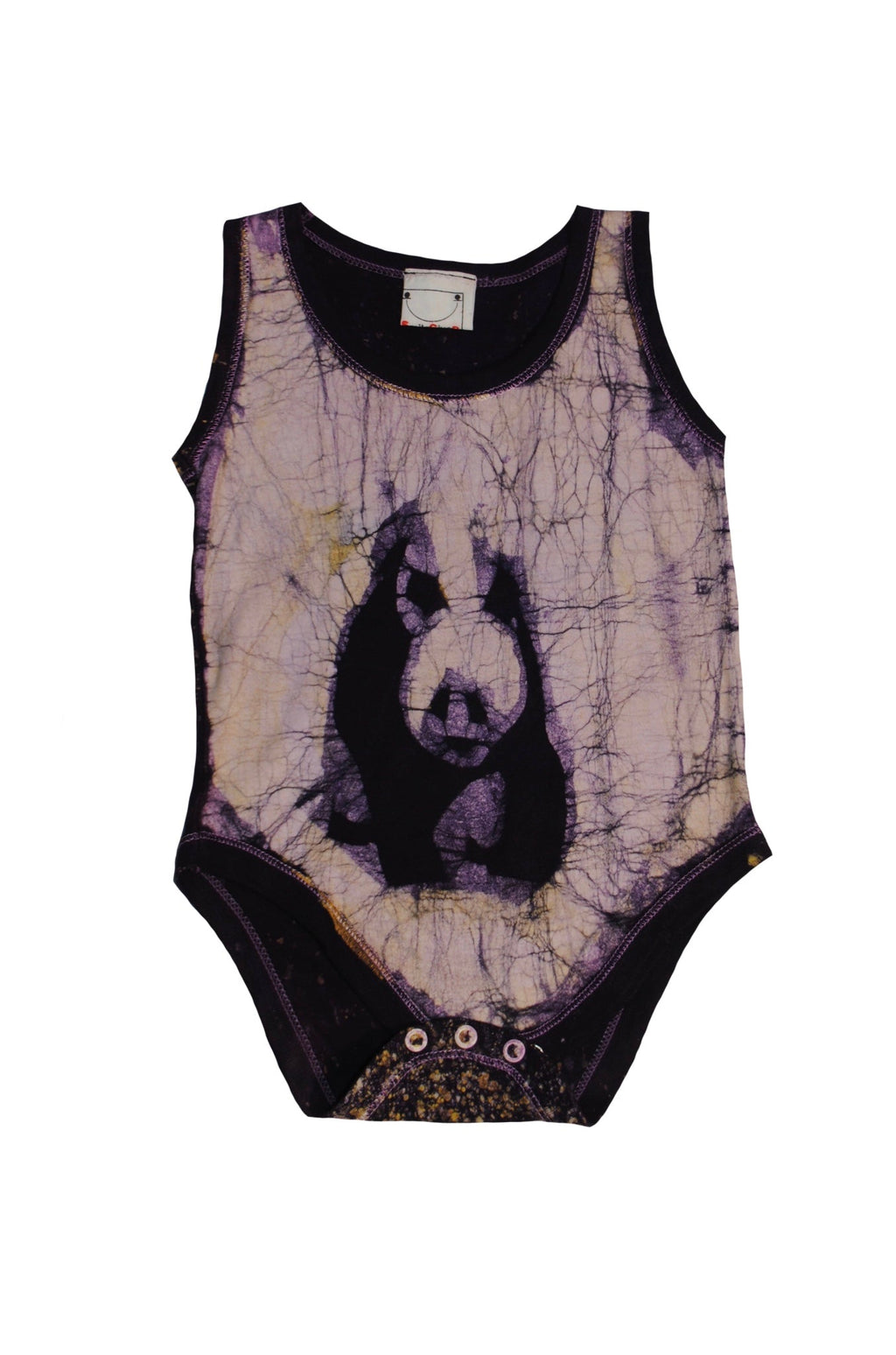 Back view of purple panda batik onesie with African patterns