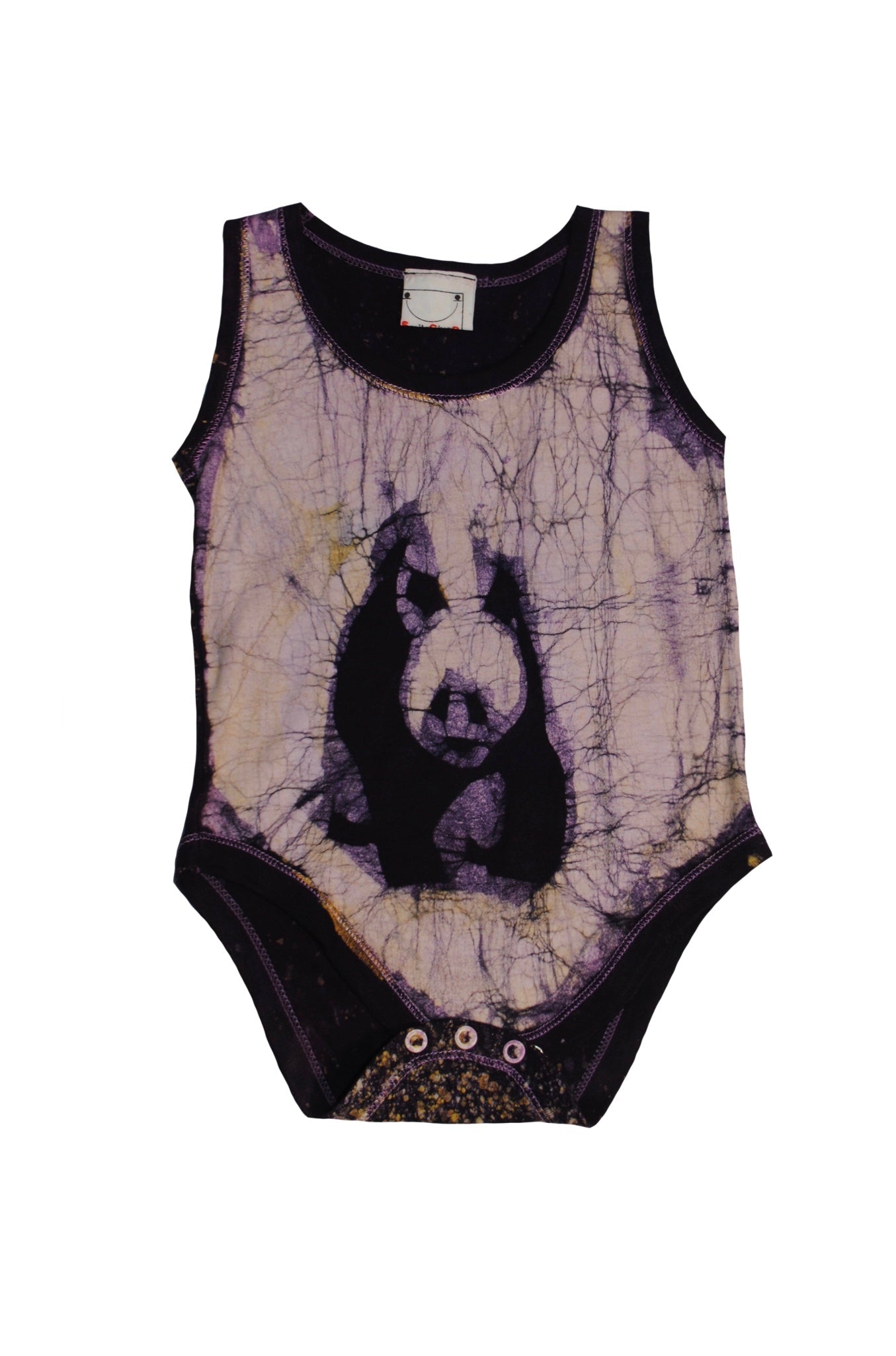Back view of purple panda batik onesie with African patterns