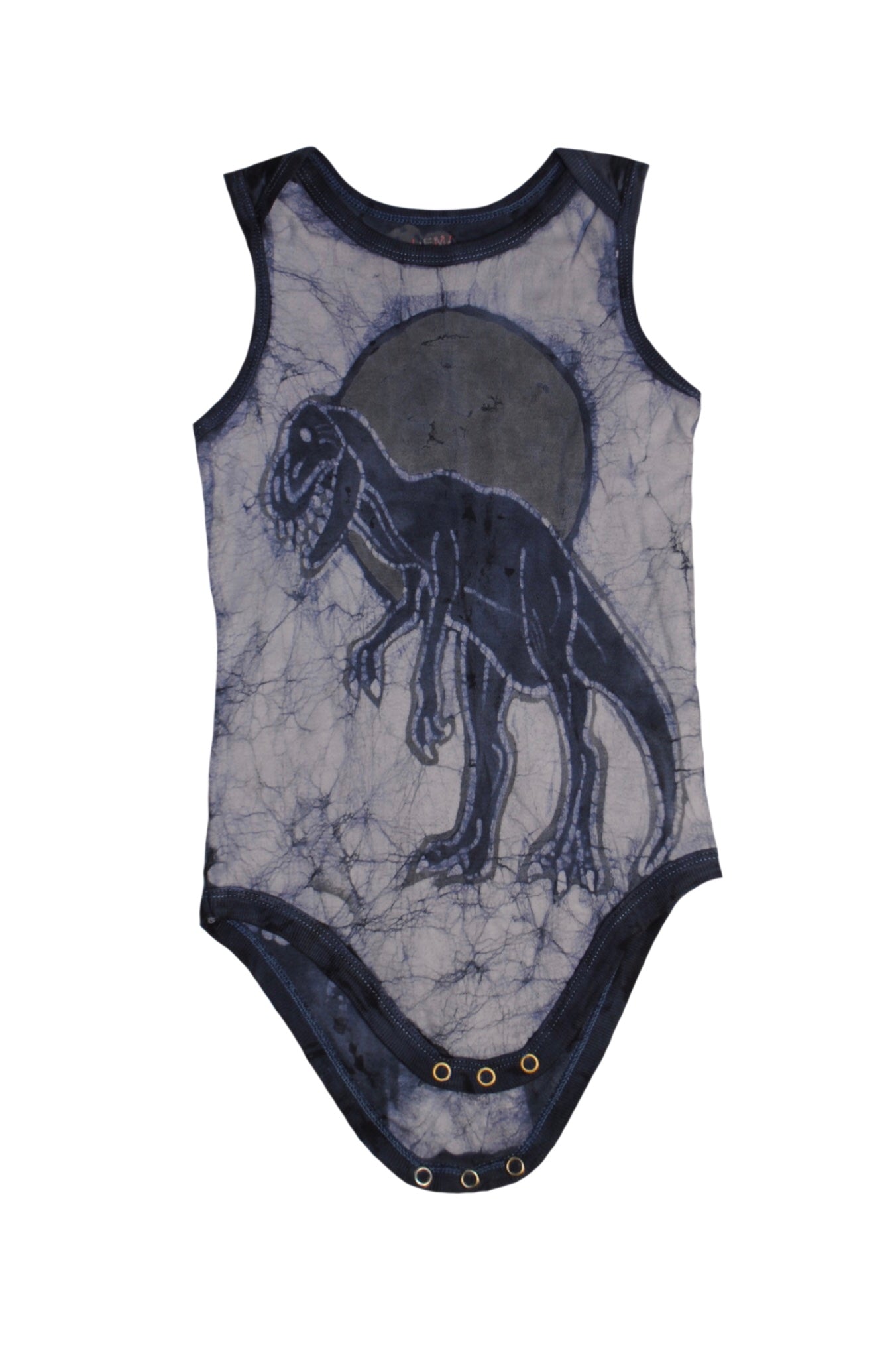 Handmade grey batik baby onesie with dinosaur design