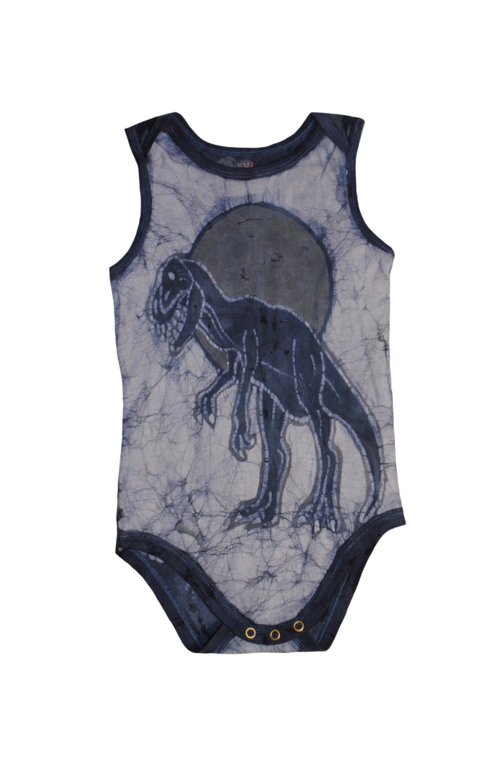 Back view of grey dino batik onesie with hand-dyed patterns