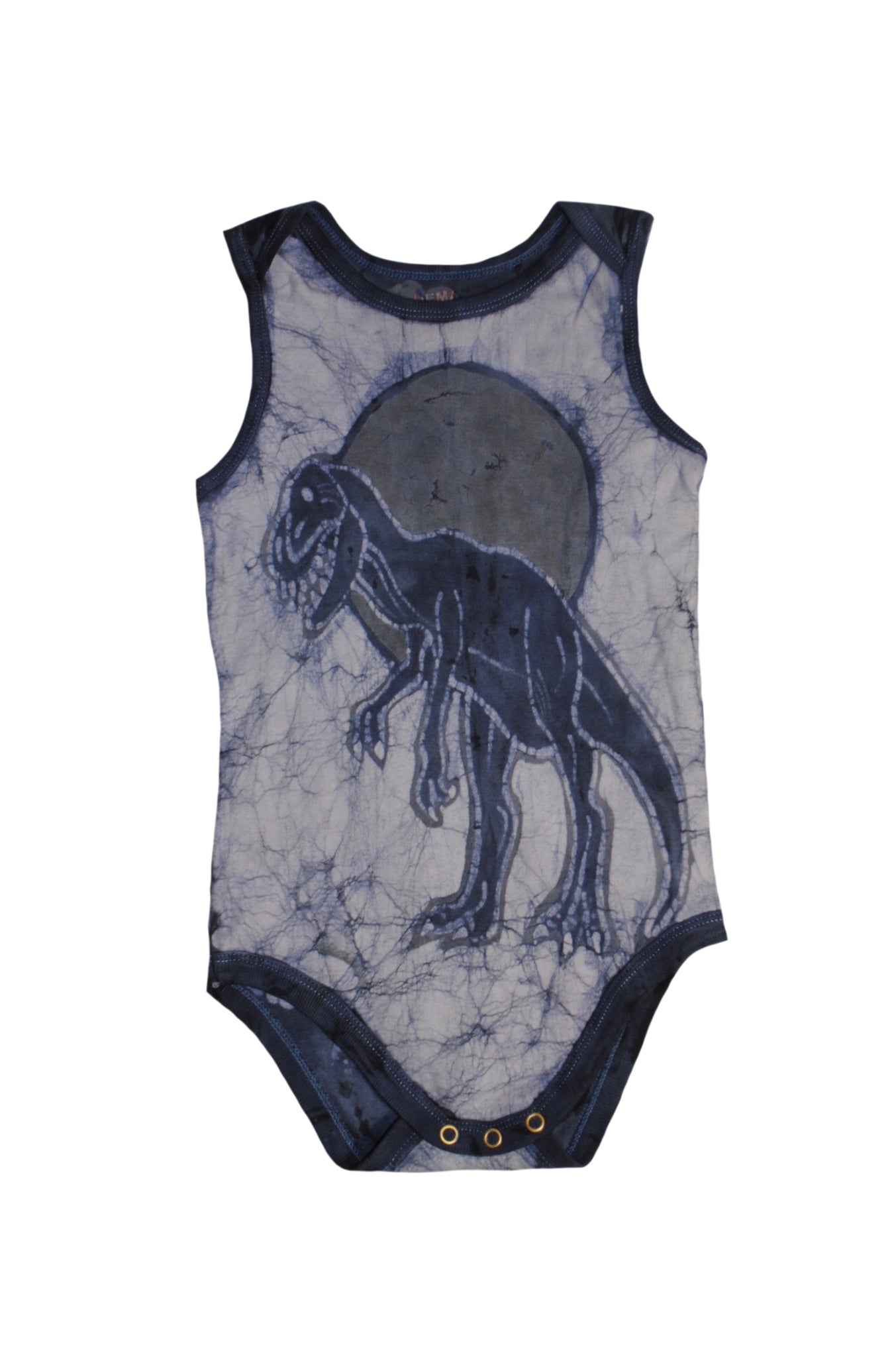 Back view of grey dino batik onesie with hand-dyed patterns