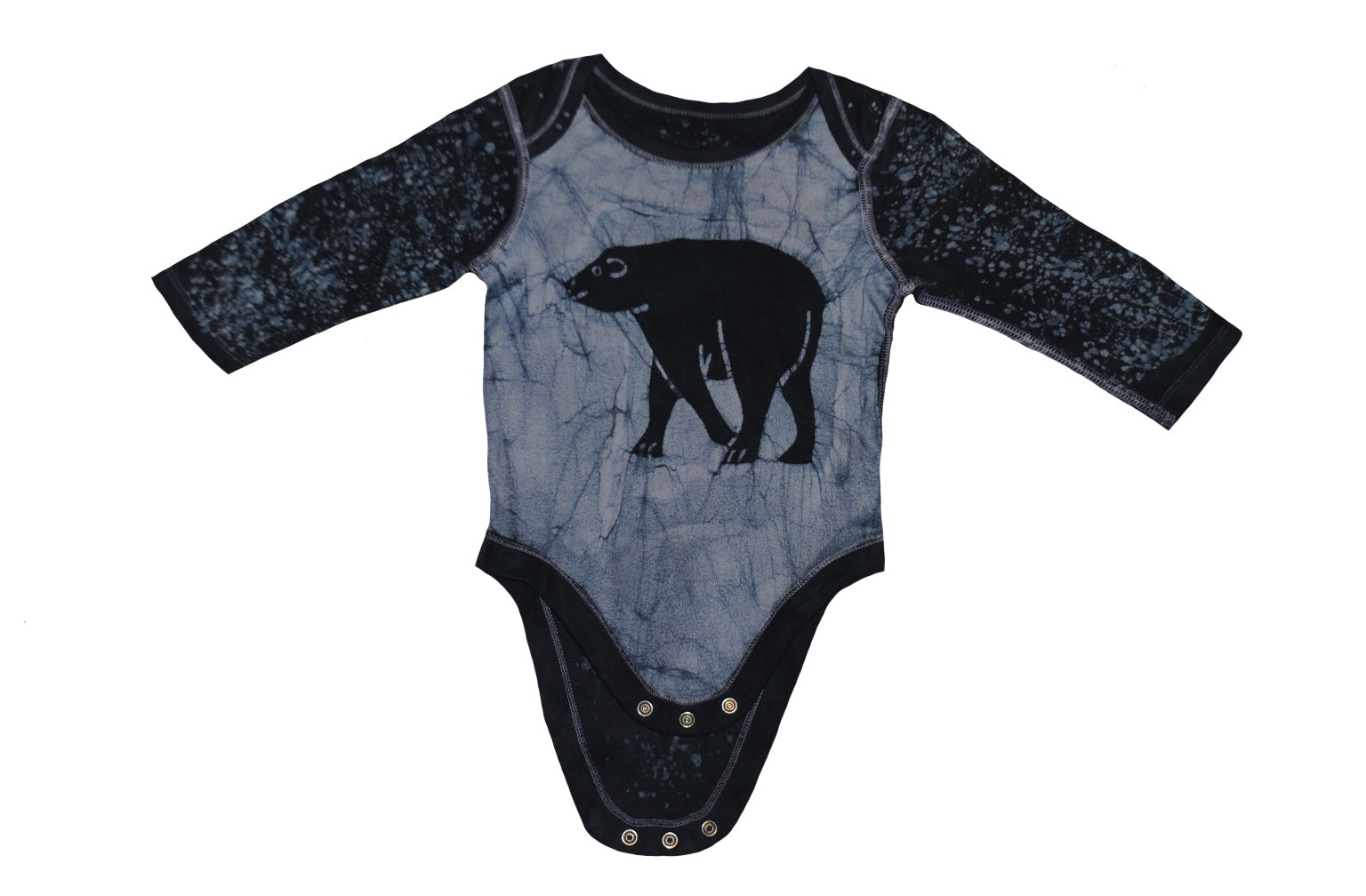 Handmade blue batik baby onesie with bear face design