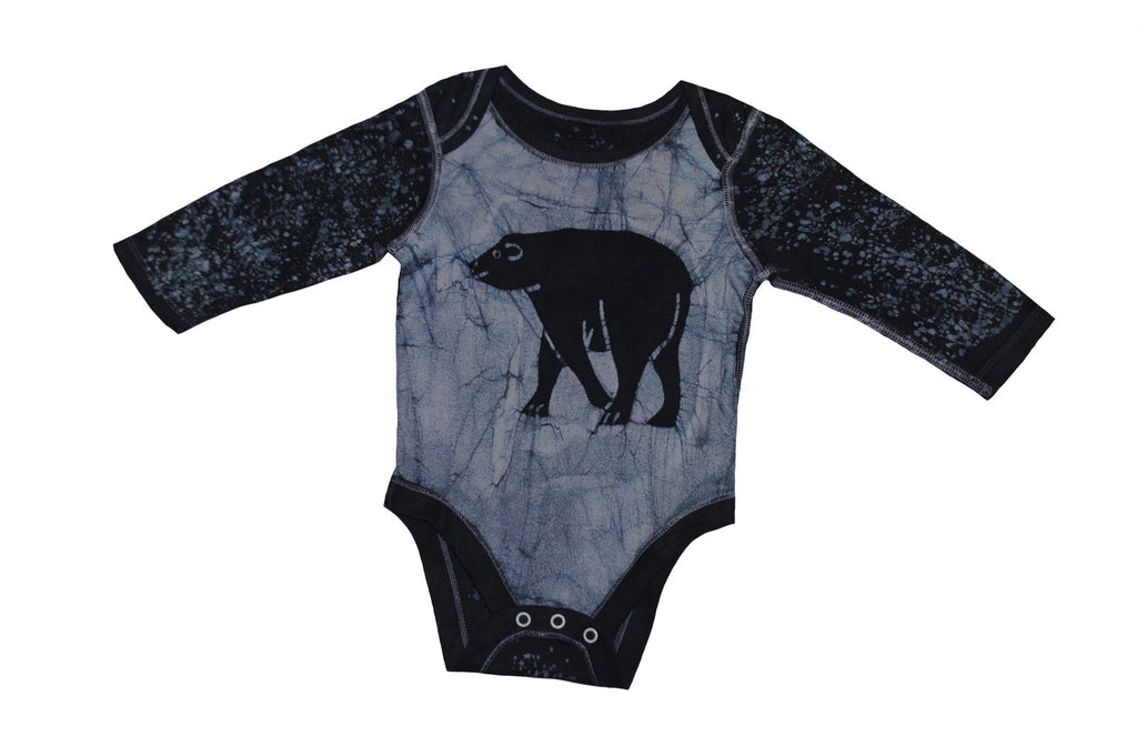 Back view of blue bear batik onesie with traditional patterns