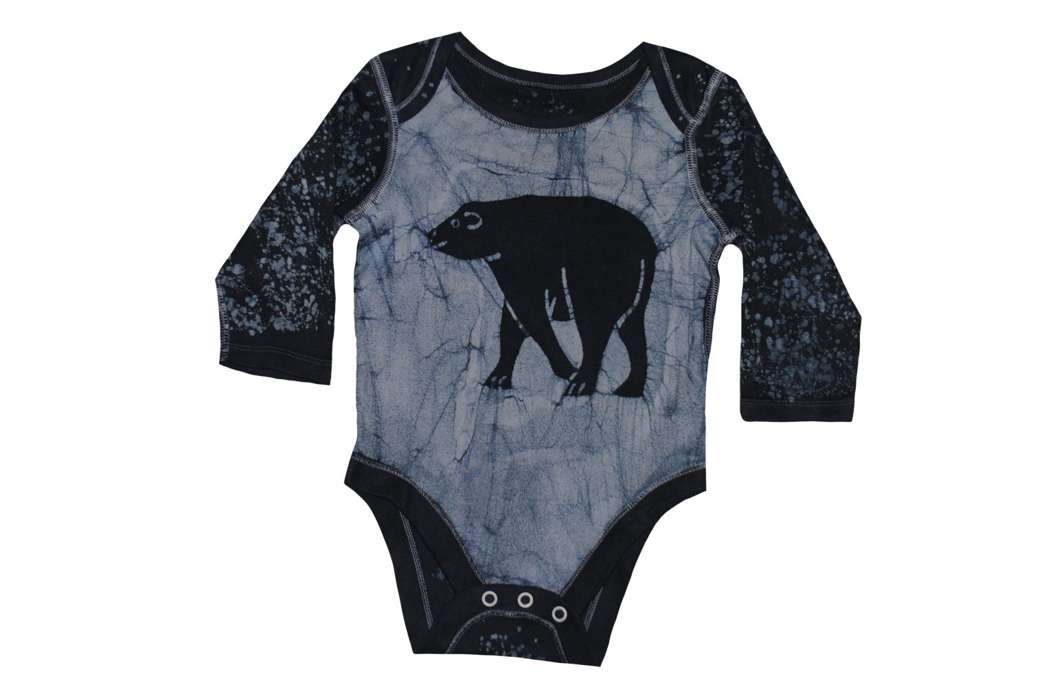 Folded back detail of blue bear batik onesie
