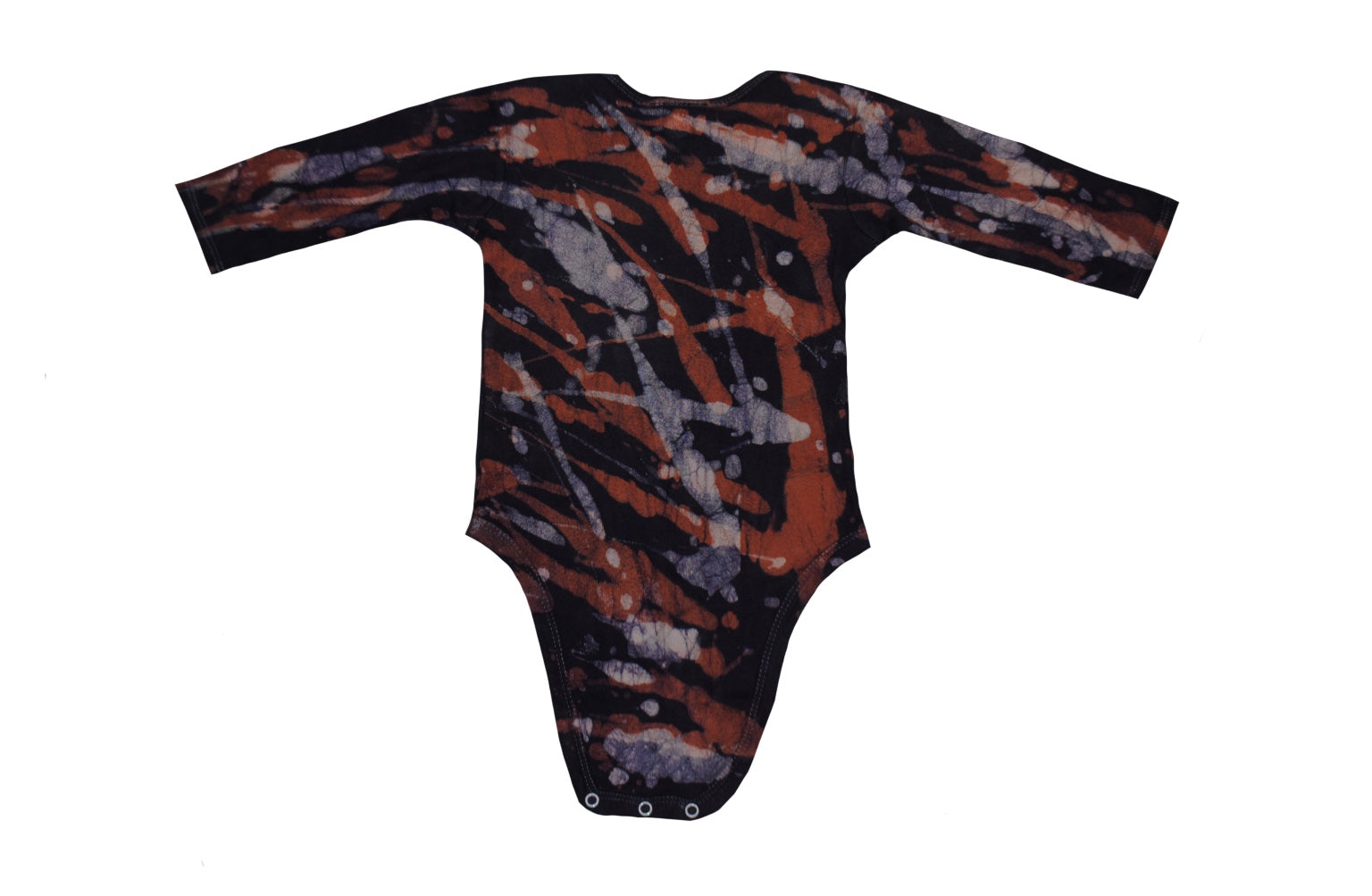 Close-up of orange grey camo onesie showing batik patterns