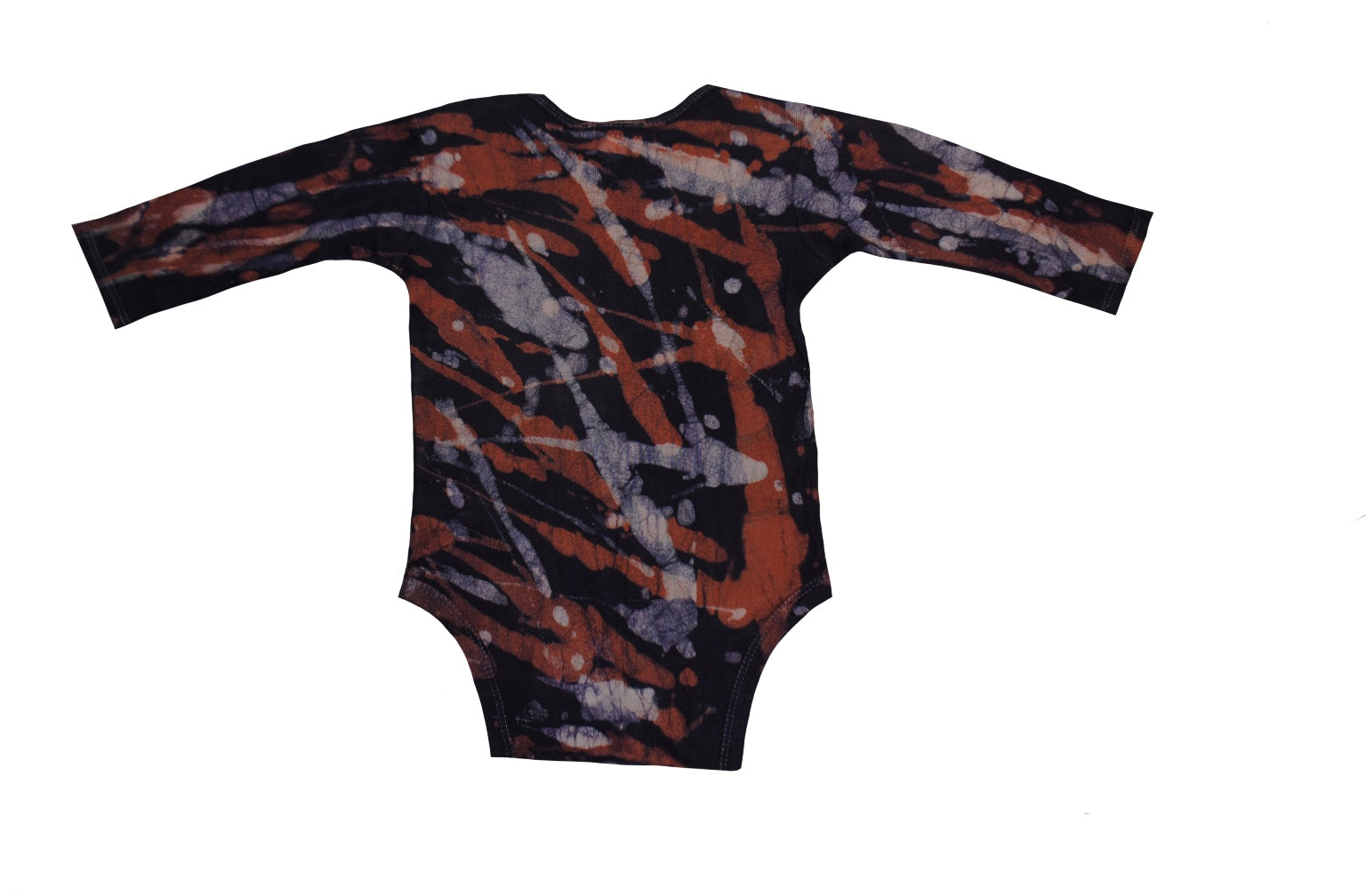 Detail of hand-dyed camo batik on orange grey onesie back