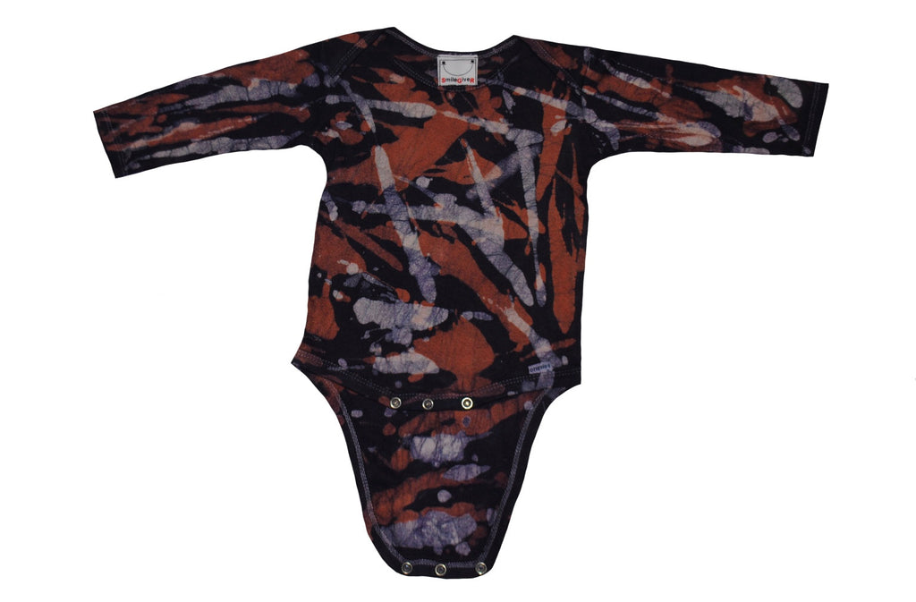 Handmade orange and grey camo batik baby onesie