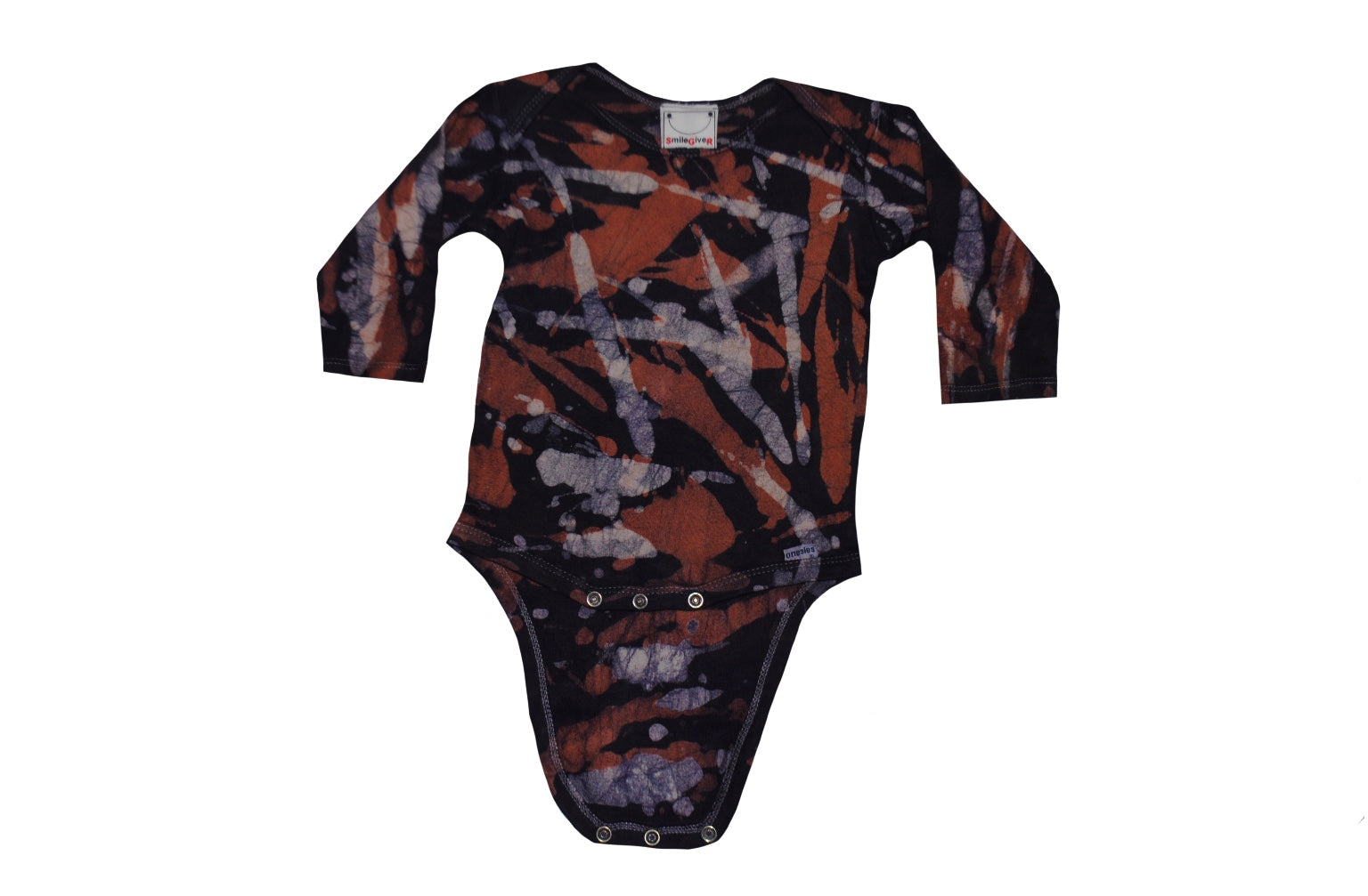 Folded display of orange grey camo batik onesie