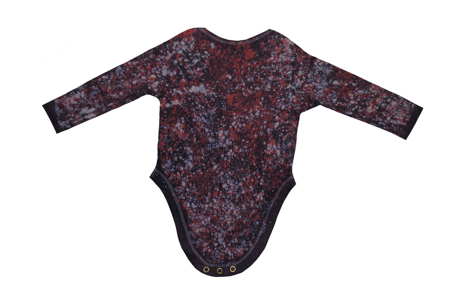 Close-up of red blue monkey onesie showing batik details