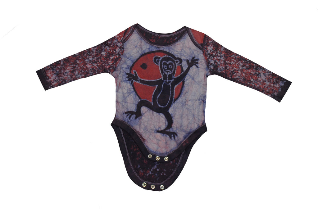 Handmade red and blue batik baby onesie with monkey design
