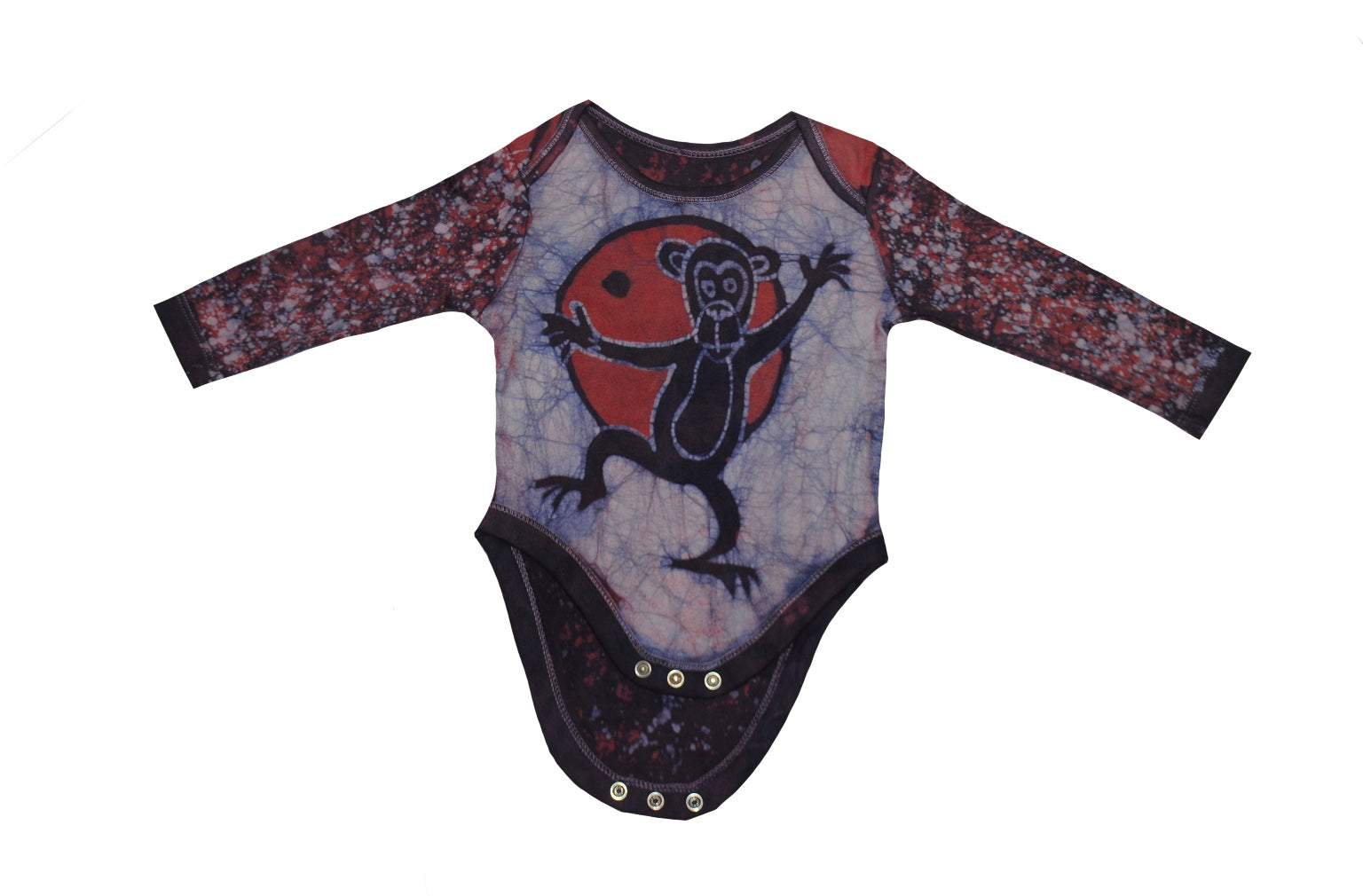 Handmade red and blue batik baby onesie with monkey design