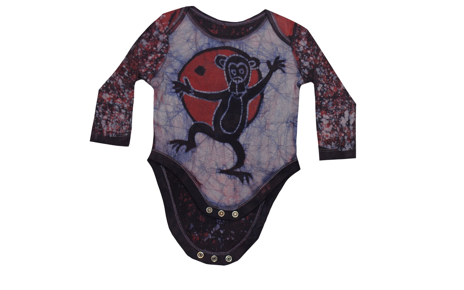 Folded close-up of red blue monkey batik onesie