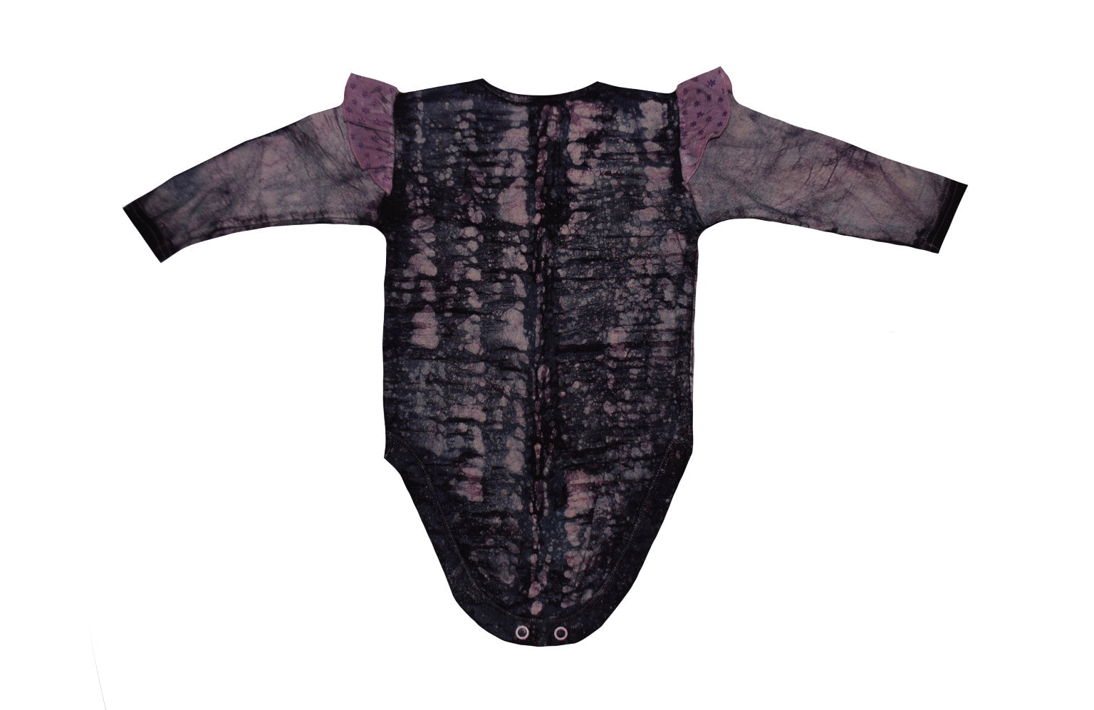 Close-up of purple dual fish onesie showing batik patterns and snap closures