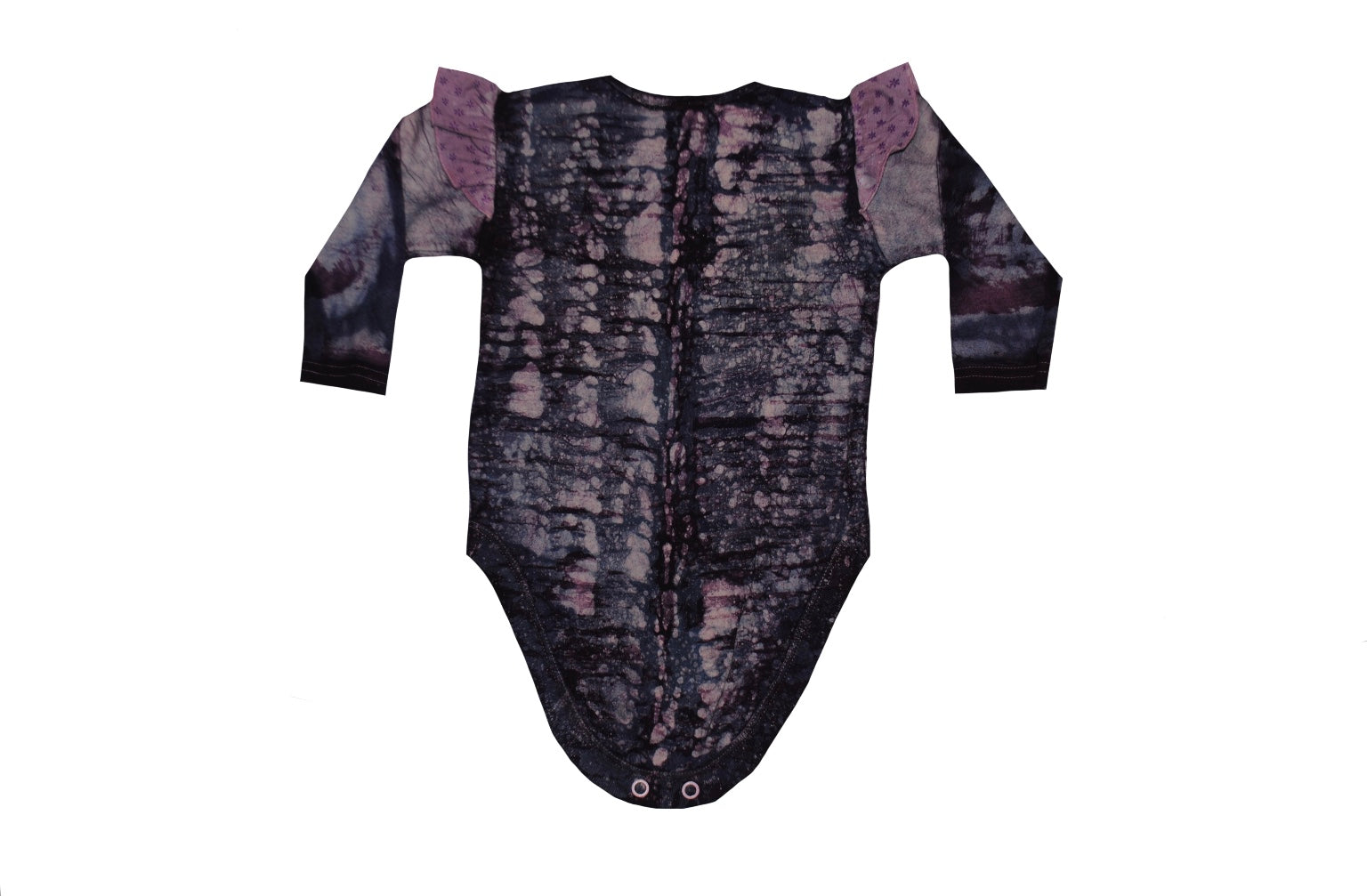 Folded back view of purple dual fish batik onesie