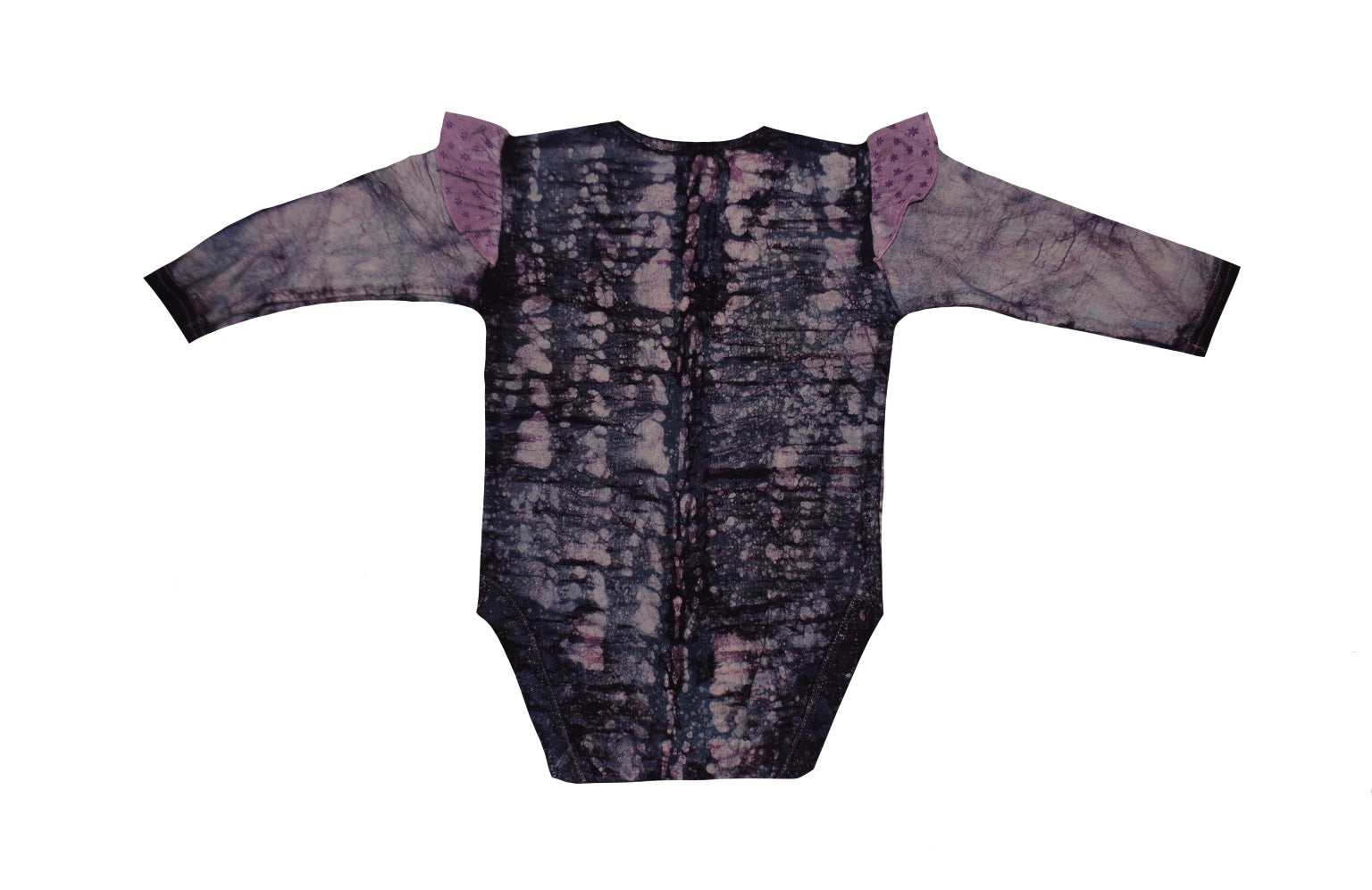 Detail of hand-dyed batik on purple dual fish onesie back