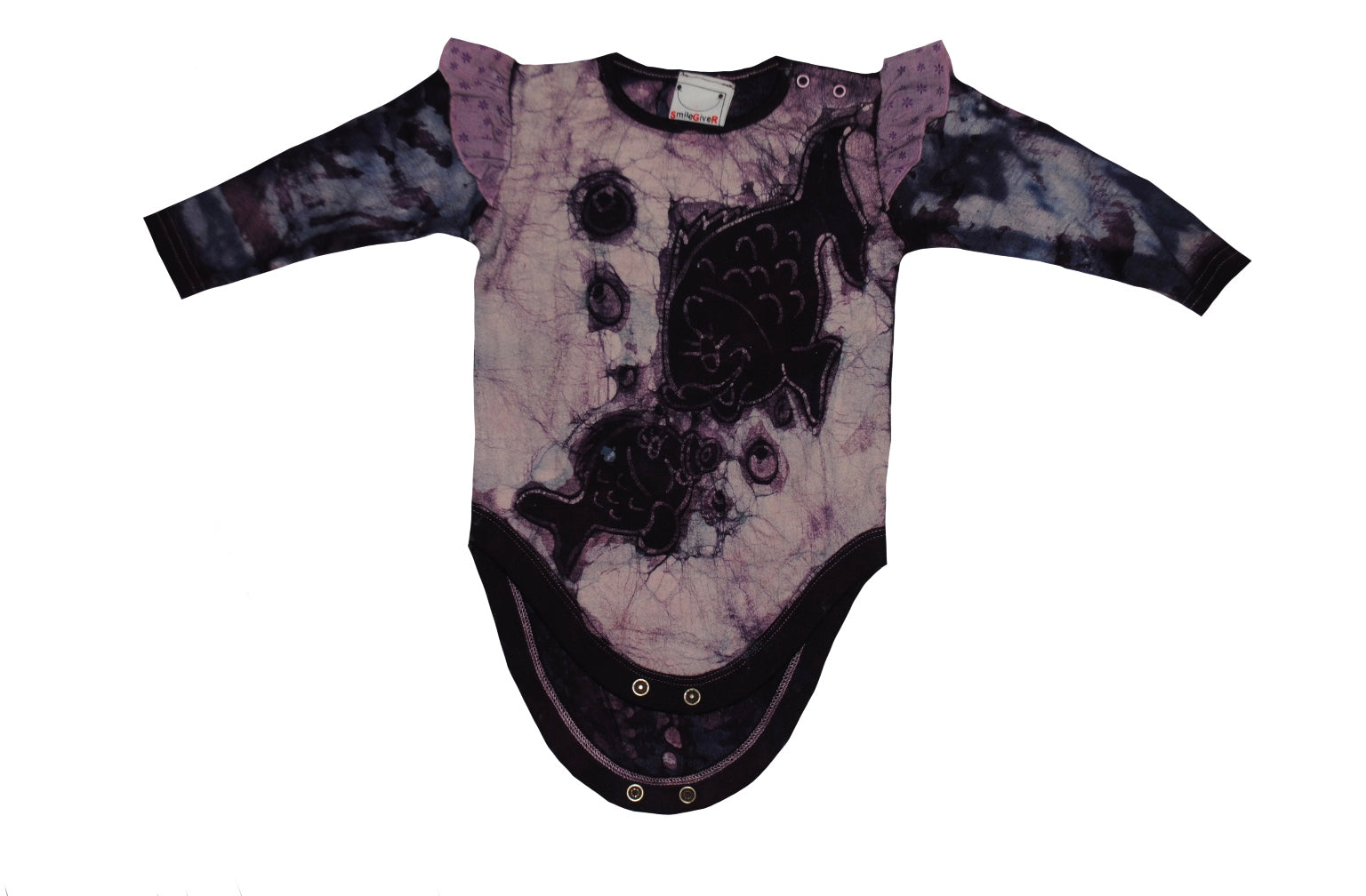 Handmade purple batik baby onesie with dual fish design