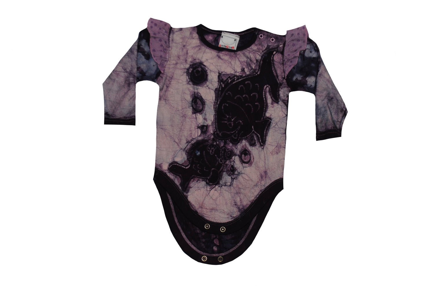 Folded close-up of purple dual fish batik onesie