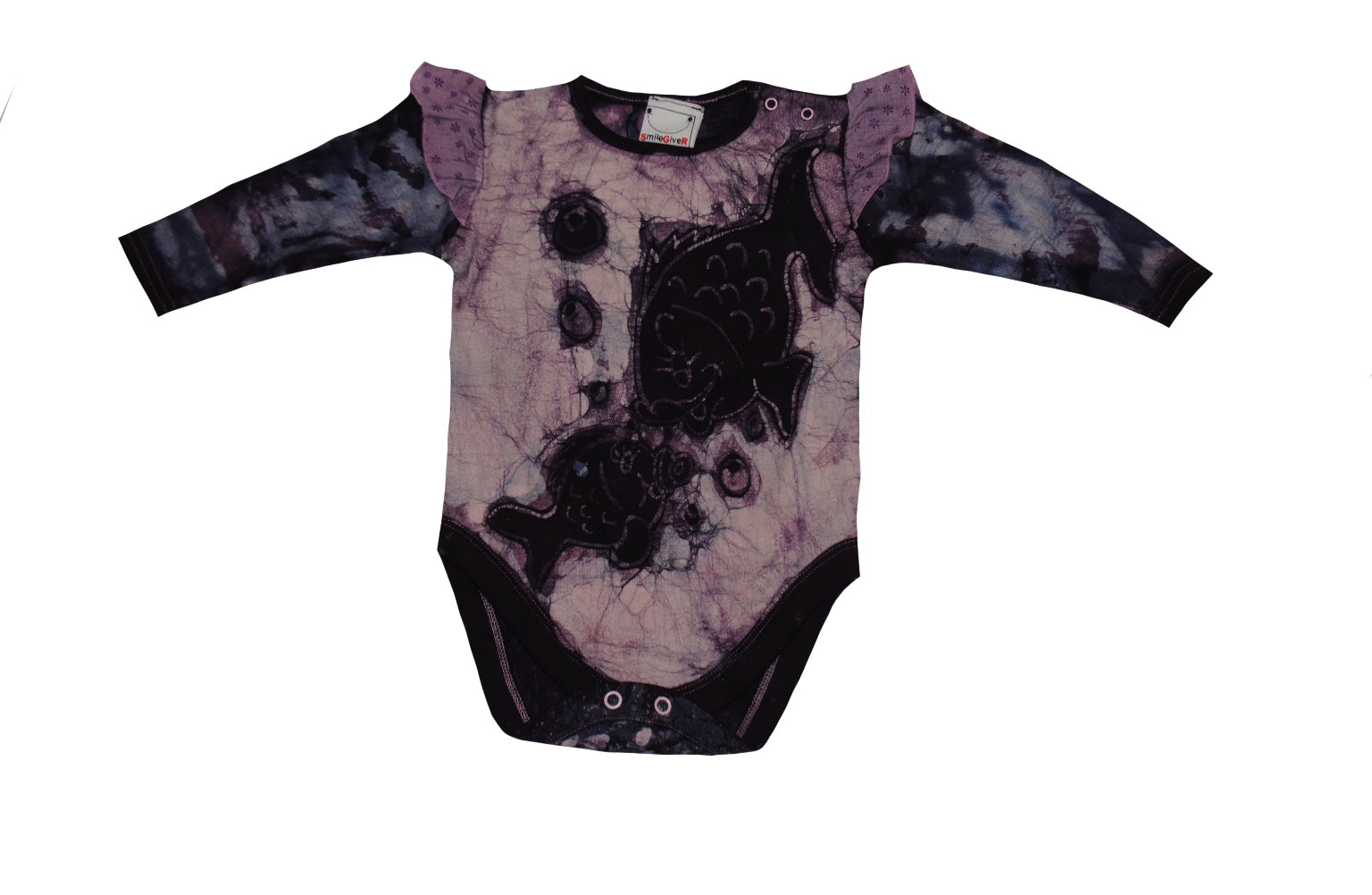 Back view of purple dual fish batik onesie with traditional patterns