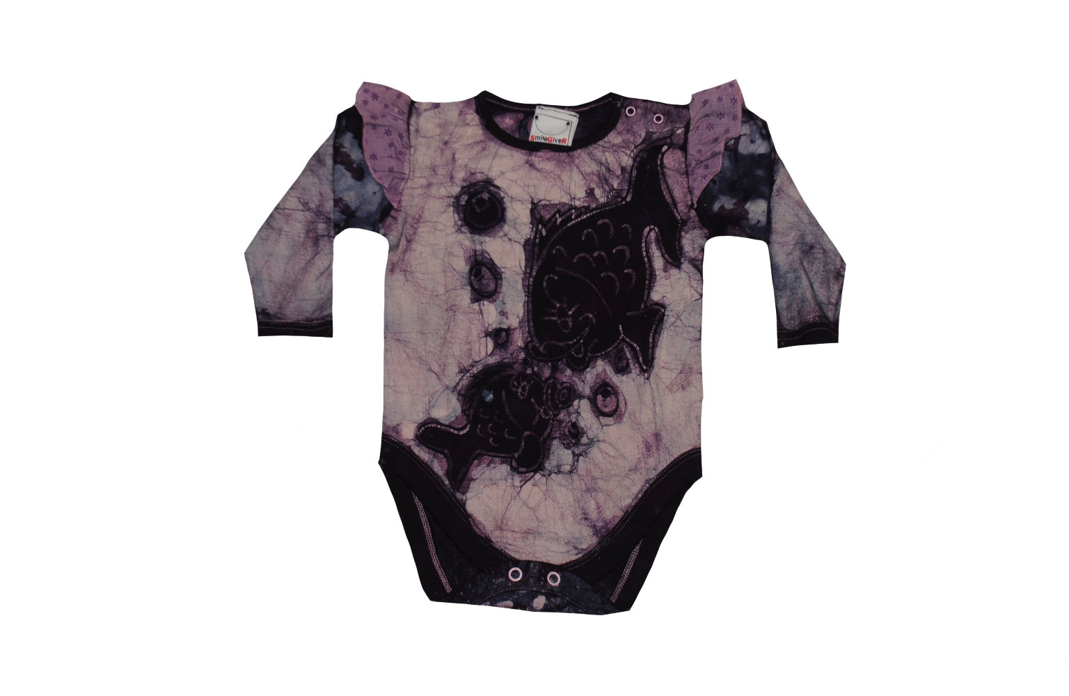 Folded back detail of purple dual fish batik onesie
