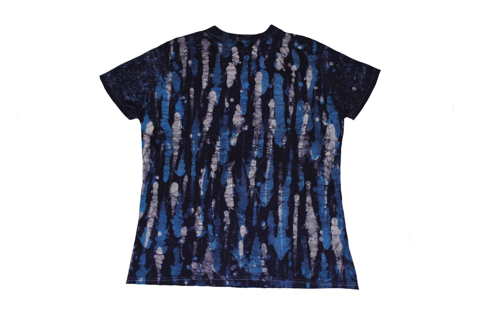 SmileGiver Batik adult Blue Purple Camo Pattern T-shirt batik, back view.
