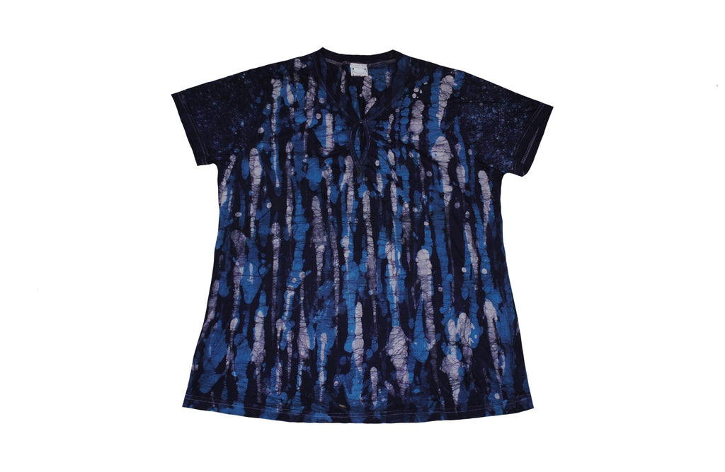 SmileGiver Batik adult Blue Purple Camo Pattern T-shirt batik, front view.